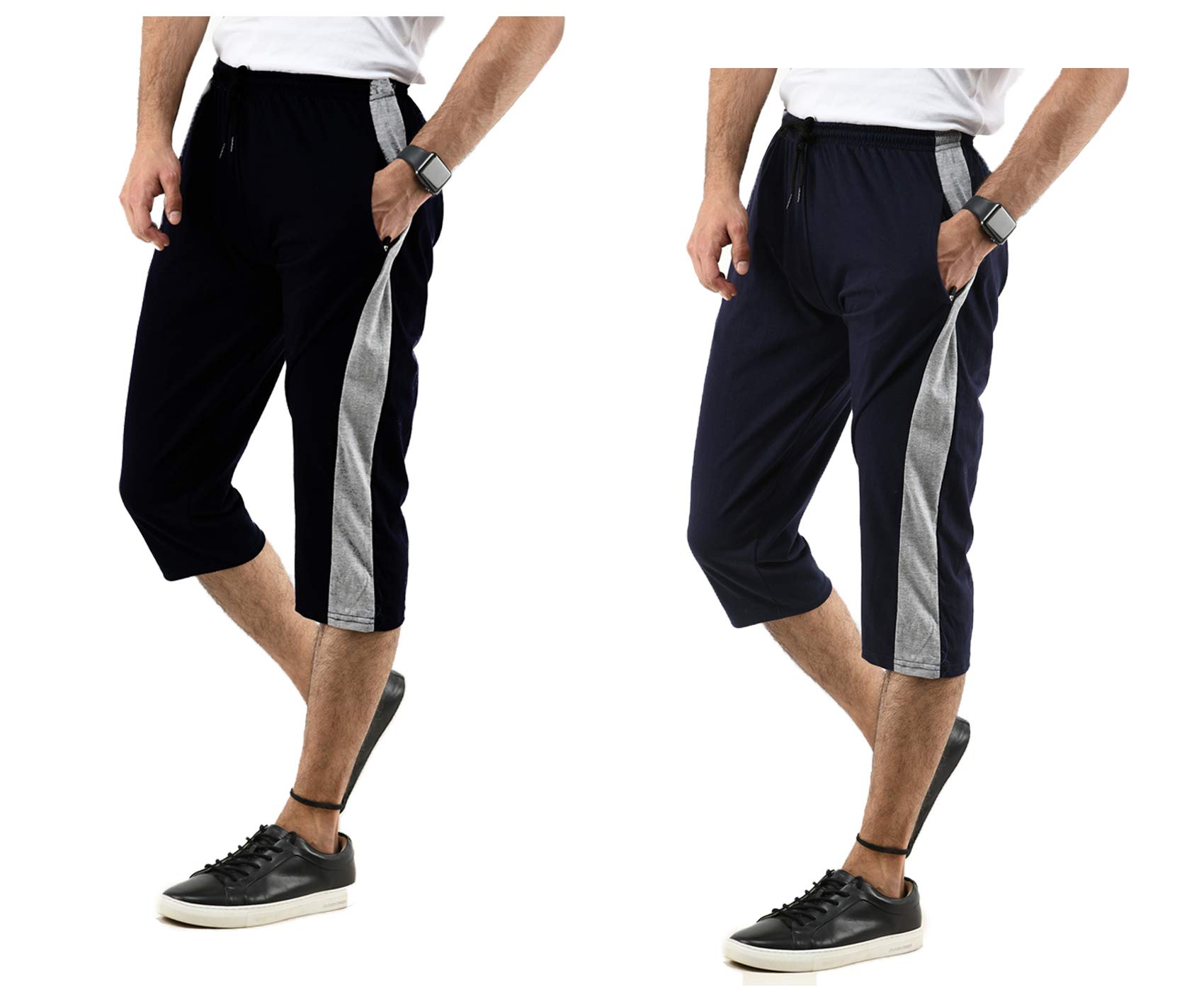 kayu Pack of 2 Men’s Cotton Capri Pants with Side Stripe, Dual Side Pockets and Adjustable Drawstring Waist – Comfortable Knee-Length Casual & Active Wear-picture-17
