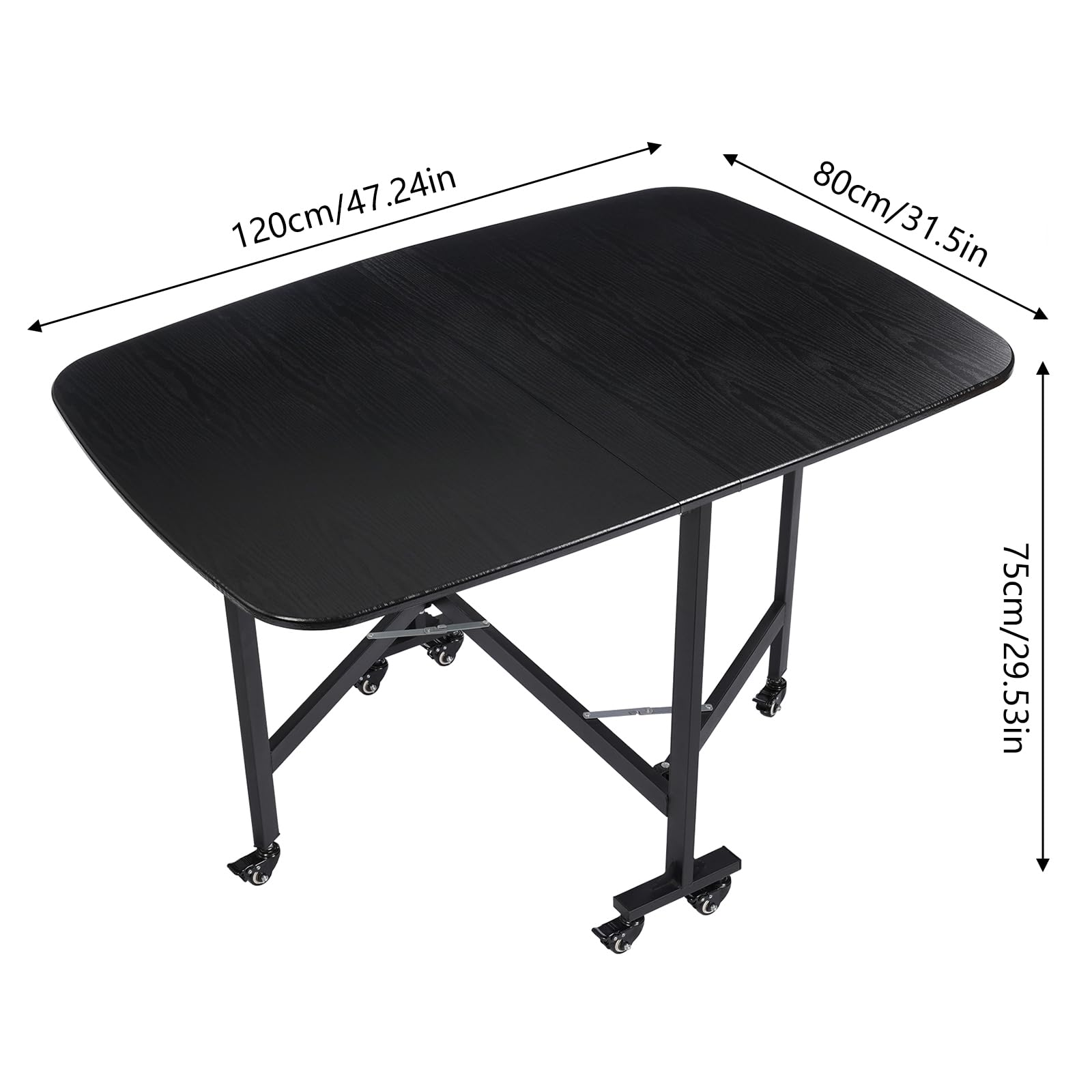 Tavolo da pranzo pieghevole portatile, design con bordi rotondi, piccole stanze, sala da pranzo, cucina, dimensioni pieghevoli 80 x 55 x 10 cm (nero)