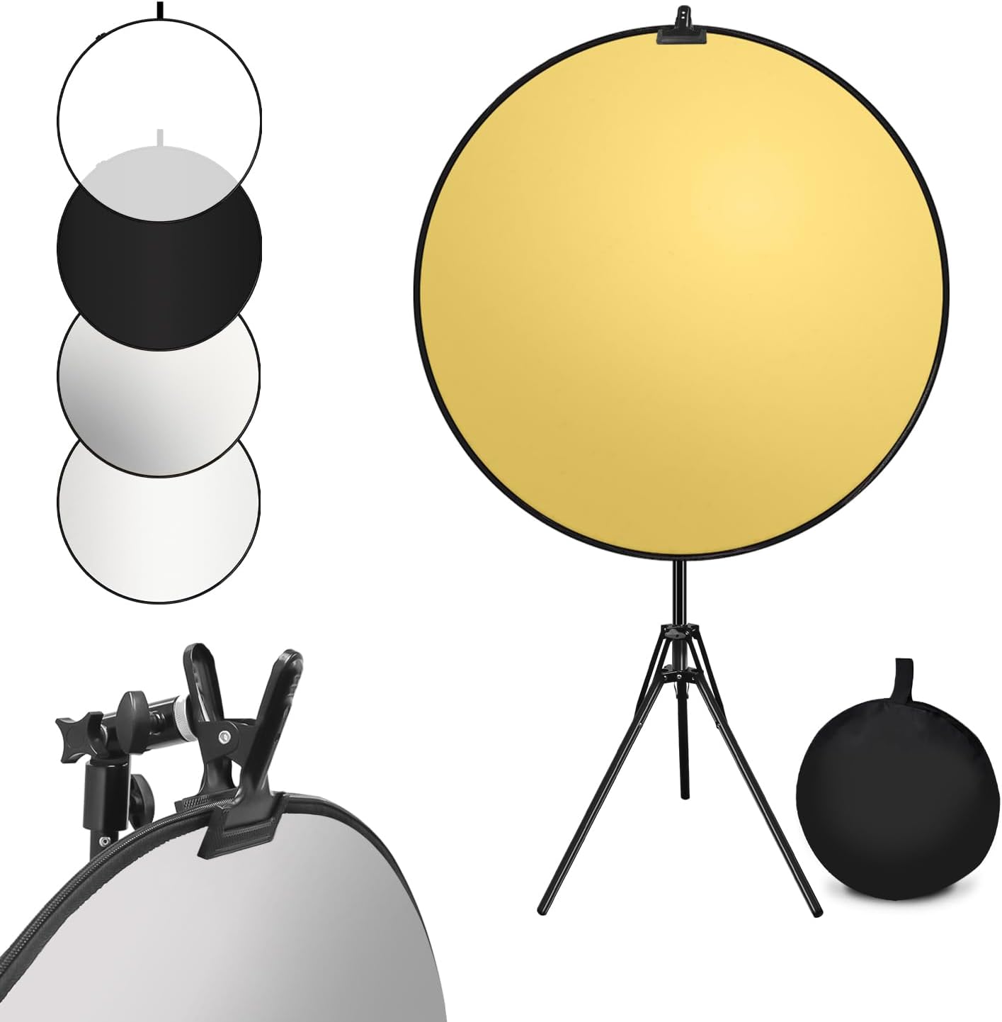 LimoStudio 43 inch [5 Color in 1] Round Photo Lighting Reflector, Pop Up Disc Reflector Kit, White/Black/Silver/Gold/Translucent, with Studio Light Stand, Super Clamp Mount Bracket, AGG3270