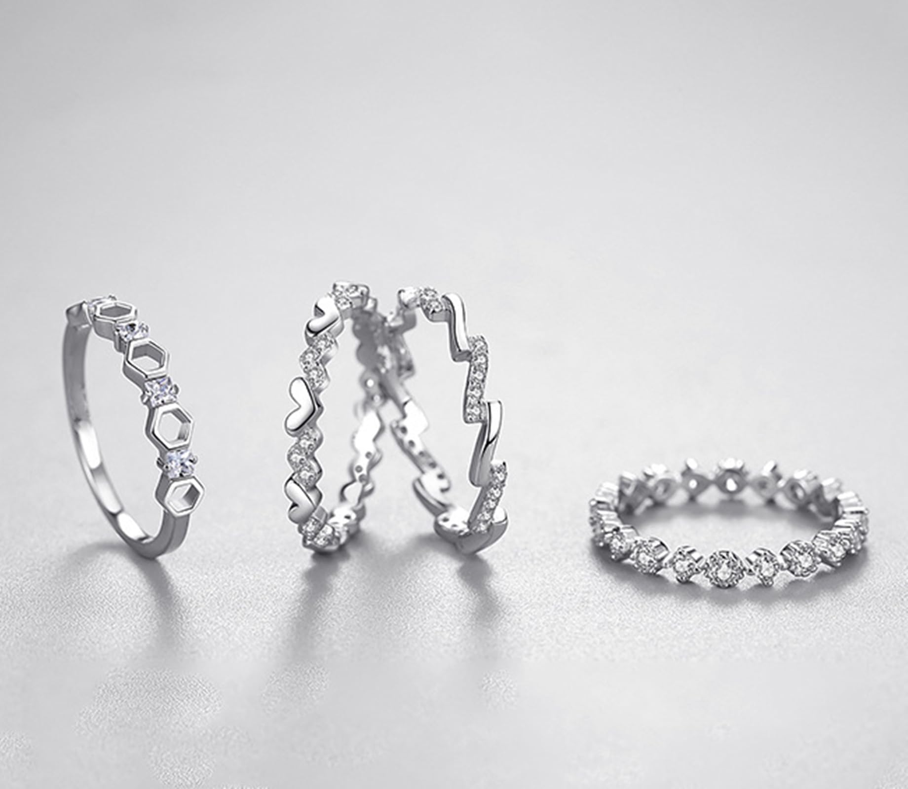 Bague de Fiançailles Femme Or 9/14/18 carats, Anneau Empilable Cœur Alterné Orné de Lab Diamant, Bague Or Blanc Personnalisée