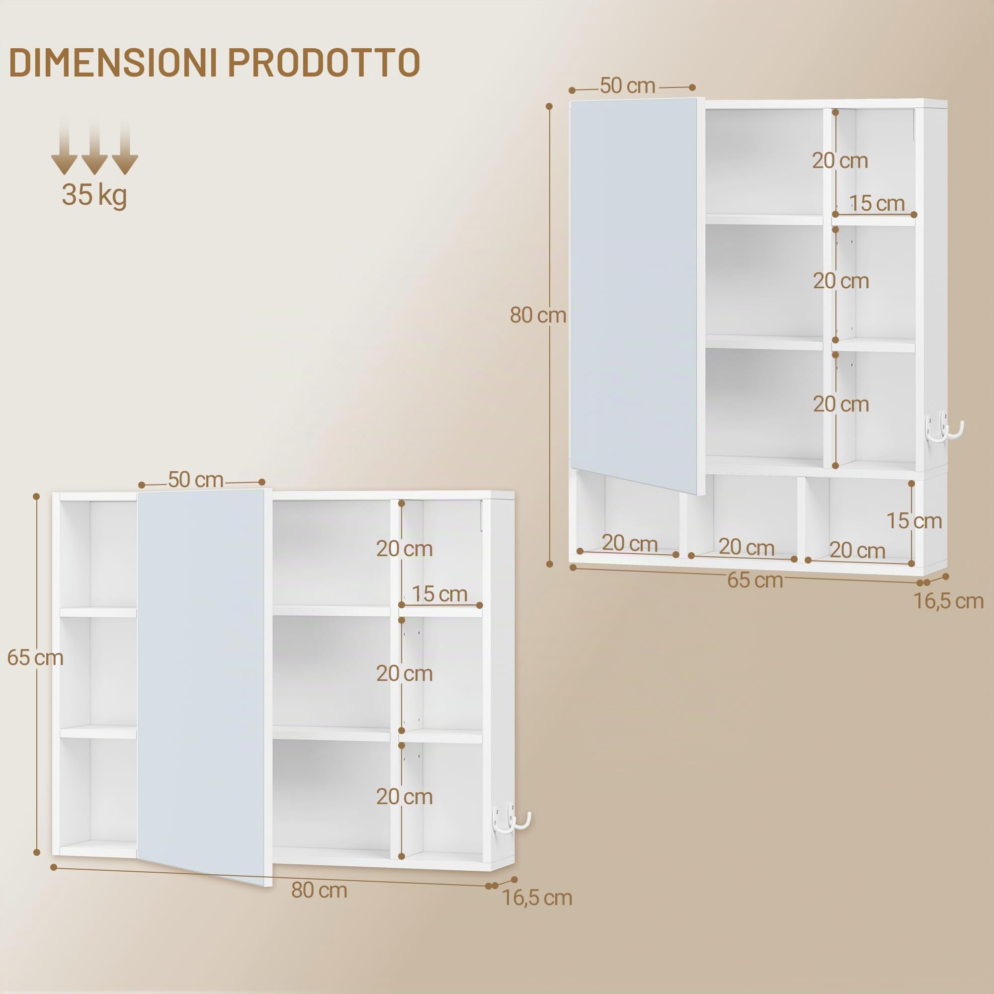 Hzuaneri Specchio Bagno Contenitore, Ripiani Aperti, 16,5 x 80 x 65 cm | Mobile da Bagno a Specchio, Regolabili, Bianco, a Parete, Montaggio Flessibile, MC23303X