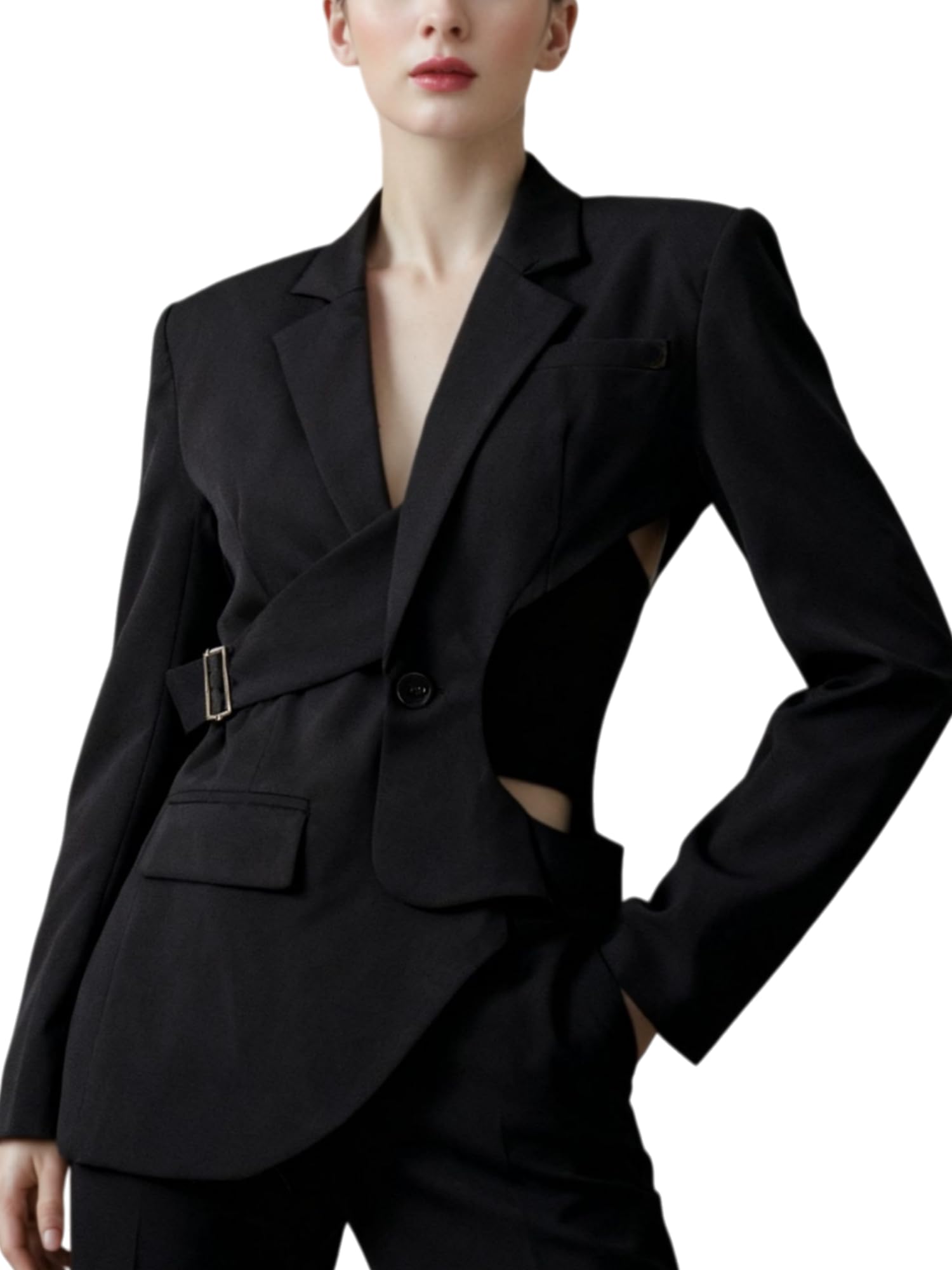 Solid Hollow Out Backless Slimming Blazers for Women Notched Collar Long Sleeve Spliced Button Suit Female Jacket