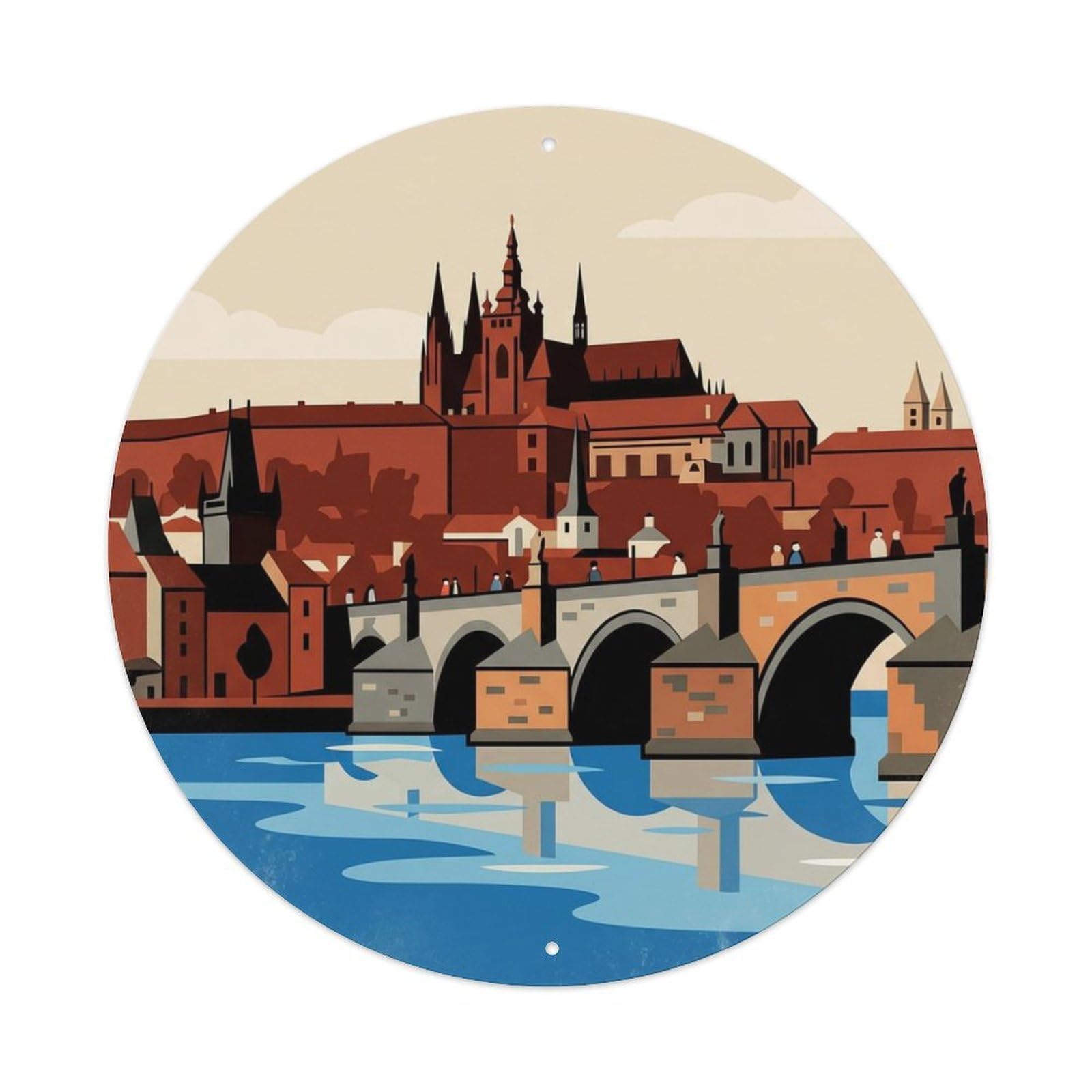 Prague Castle Historic Travel Metal Tin Sign Plaque Wall Decor for Cafe, Club Bar, Office, Home Garden Round Metal Poster 8x8Inch