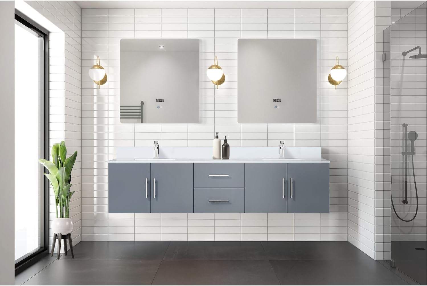 Geneva 80 in. W x 22 in. D Dark Grey Double Bath Vanity, Cultured Marble Top and 30 in. LED Mirrors