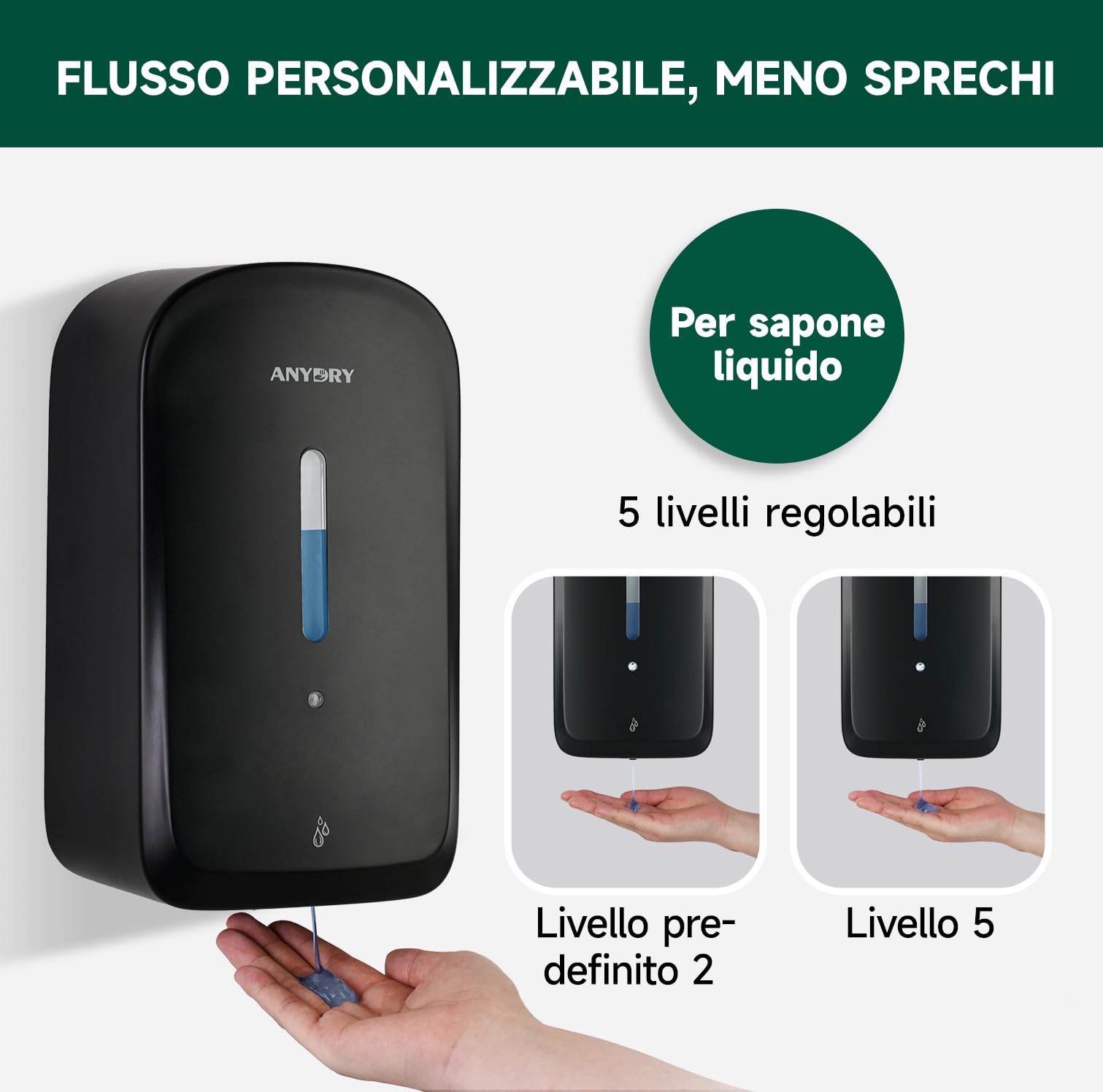 anydry Distributore automatico di sapone liquido professionale da 1000 ml, montaggio a parete, senza contatto, per bagni ad alto traffico, uffici, ospedali, modello 1220S Nero