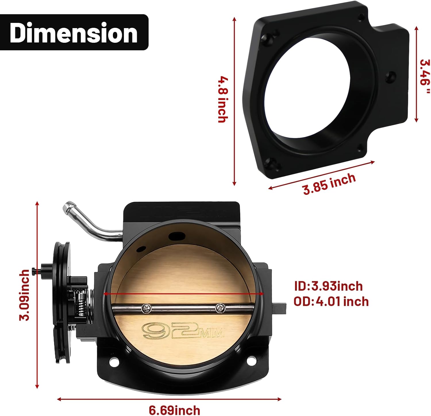 92MM Throttle Body with TPS IAC Sensor and Throttle Body Spacer Adapter Fits for Chevy GM Gen III LSX LS LS1 LS2 LS7 Engine Black