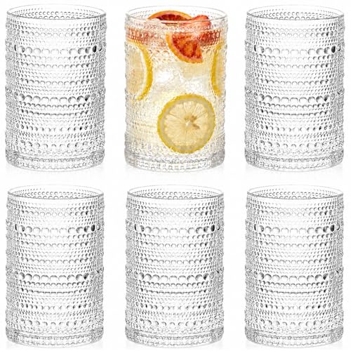 Image of ZOOFOX Set of 6 Vintage Drinking Glasses, 13 oz Clear Hobnail Glasses Tumbler, Embossed Design Glassware for Beverages, Water, Juice, Beer, Cocktail, Whiskey and Milk