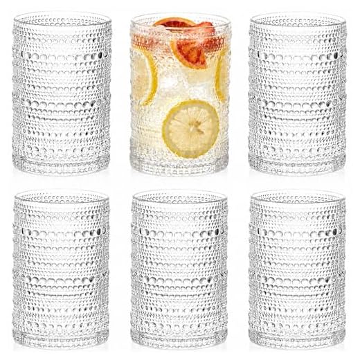 ZOOFOX Set of 6 Vintage Drinking Glasses, 13 oz Clear Hobnail Glasses Tumbler, Embossed Design Glassware for Beverages, Water, Juice, Beer, Cocktail, Whiskey and Milk