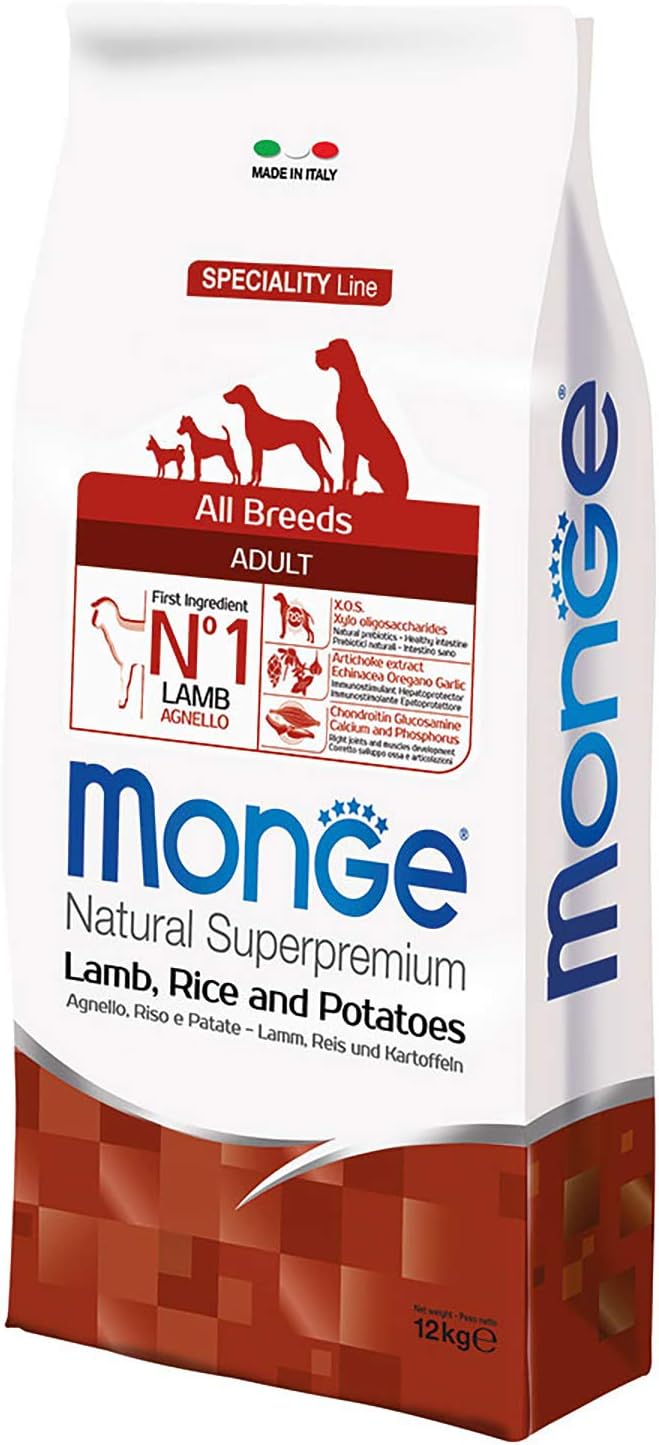 Monge Natural Superpremium Adult for Dogs for All Breeds (Dry Food with Lamb, Rice and Potatoes, Very Rich in Fibre and Vitamins, 12 kg)