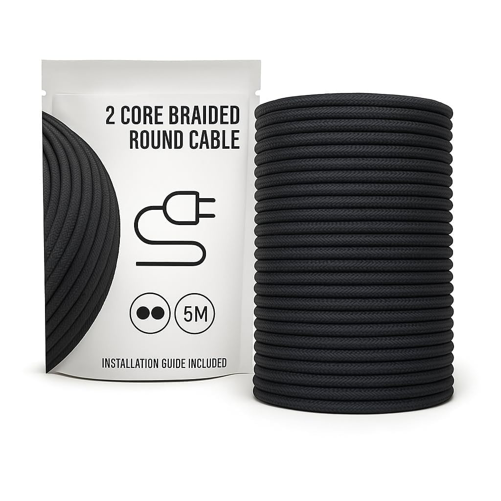 LEDSone 5m Black 2 Core Braided Fabric Cable 0.75mm² Round Lamp Wire