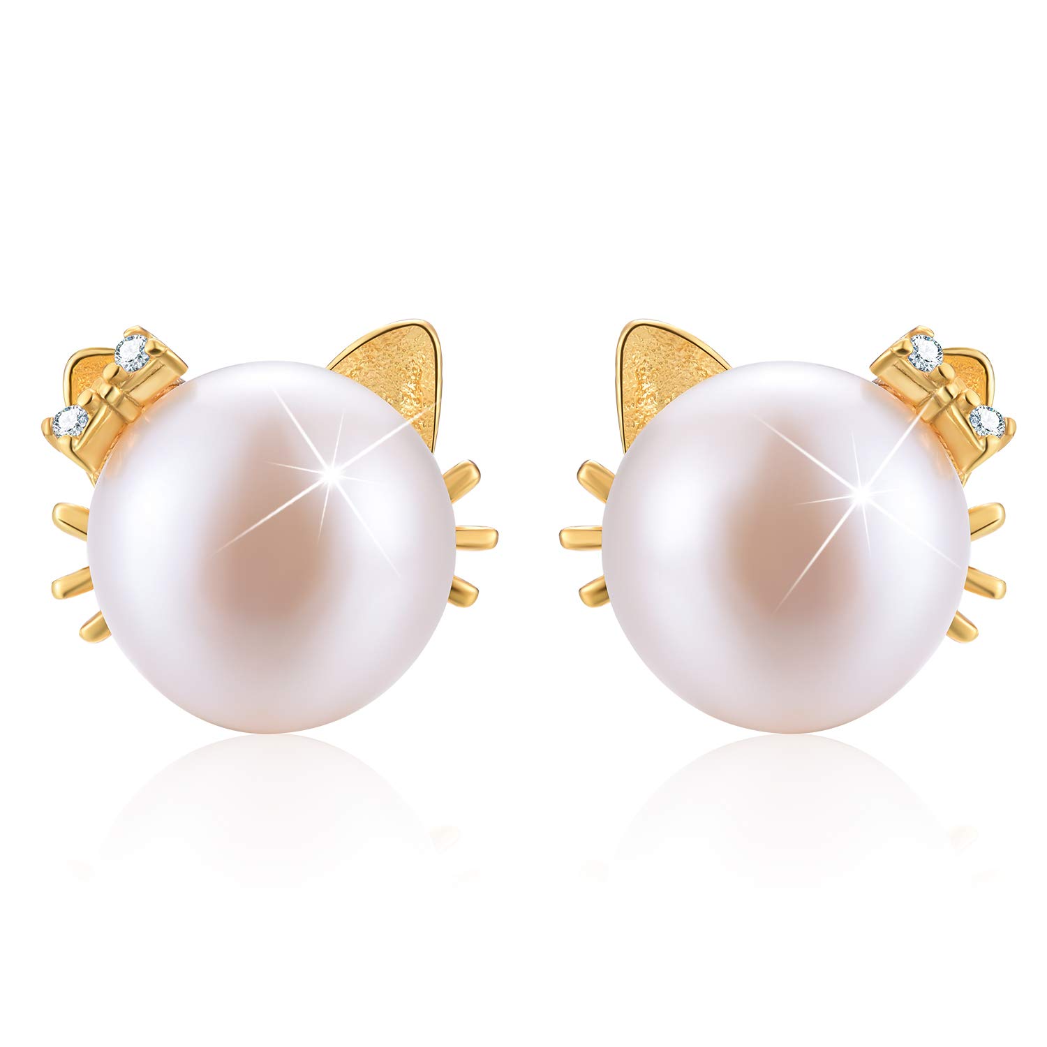 Esberry✦Gift for Christmas✦ 18K Gold Plating 925 Sterling Silver Cat Stud Earrings Natural Freshwater White Pearl Earrings Cute Cat Hypoallergenic Earrings for Women and Girls