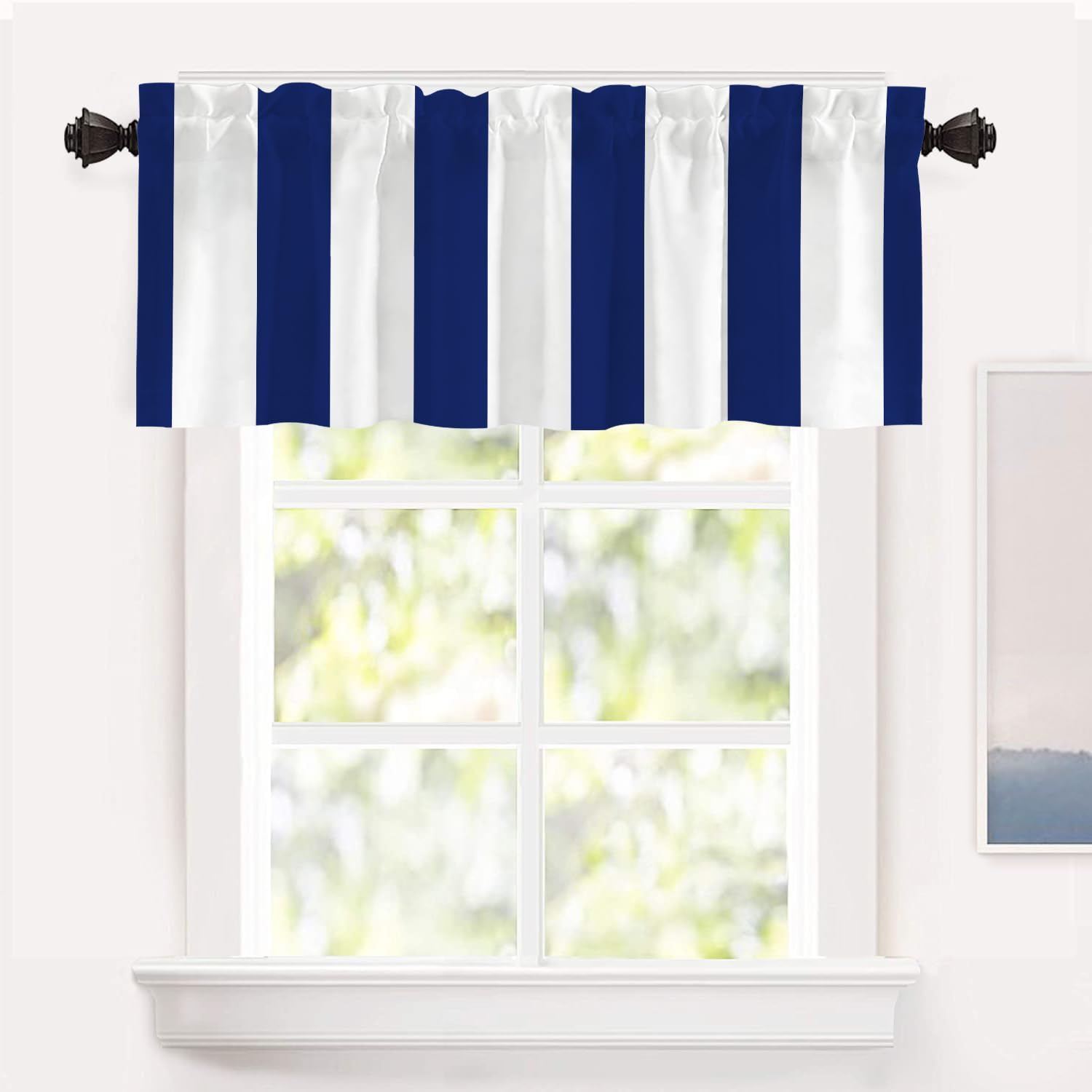 Shrahala White Blue Striped Kitchen Valances Half Window Curtain, Classic Navy Blue and White Stripe Pattern Kitchen Valance for Window Ink Printing Kitchen Valances for Kitchen Decor 52x18 inch
