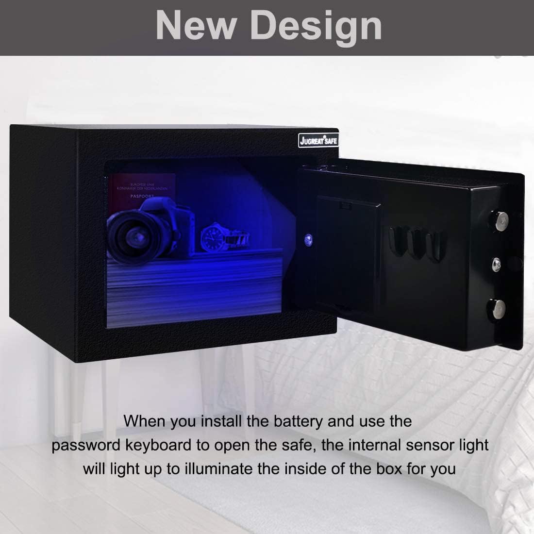 JUGREAT Safe Box with Induction Light,Electronic Digital Security Safe Steel Construction Hidden with Lock，Wall or Cabinet Anchoring Design for Home Office Hotel Business 0.23 Cubic Feet Black - - 