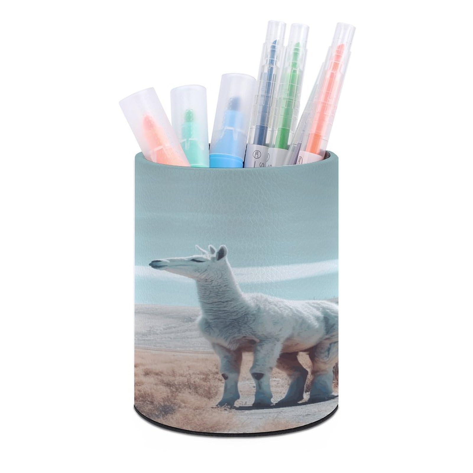 VstaDank - Round Pencil Holder Alpaca Over Grass Pencil Holder PU Leather Pencil Holder Desk Organizer Stand for Desk Desk Office Decor