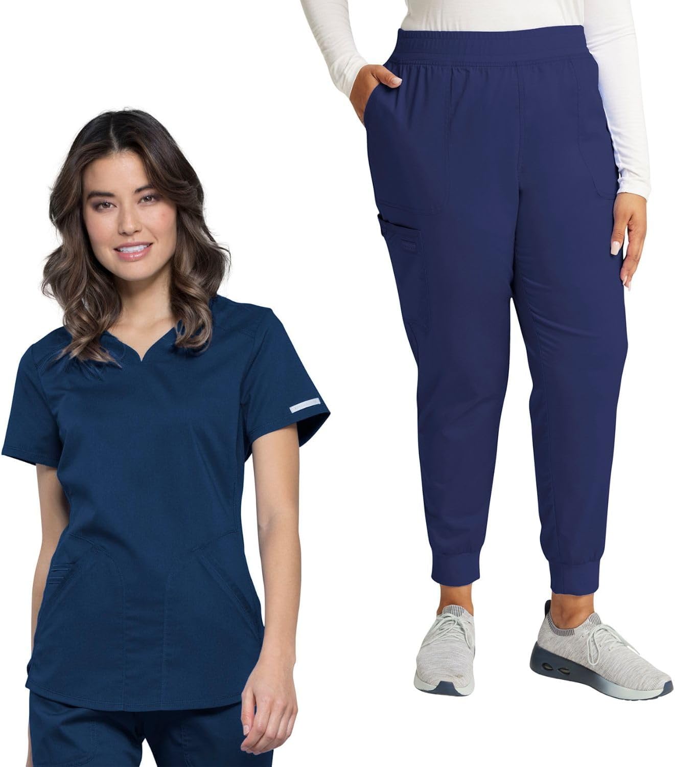 Cherokee Women Scrub Set V-Neck Scrub Top WW601, with Mid Rise Scrub Jogger Pants WW115