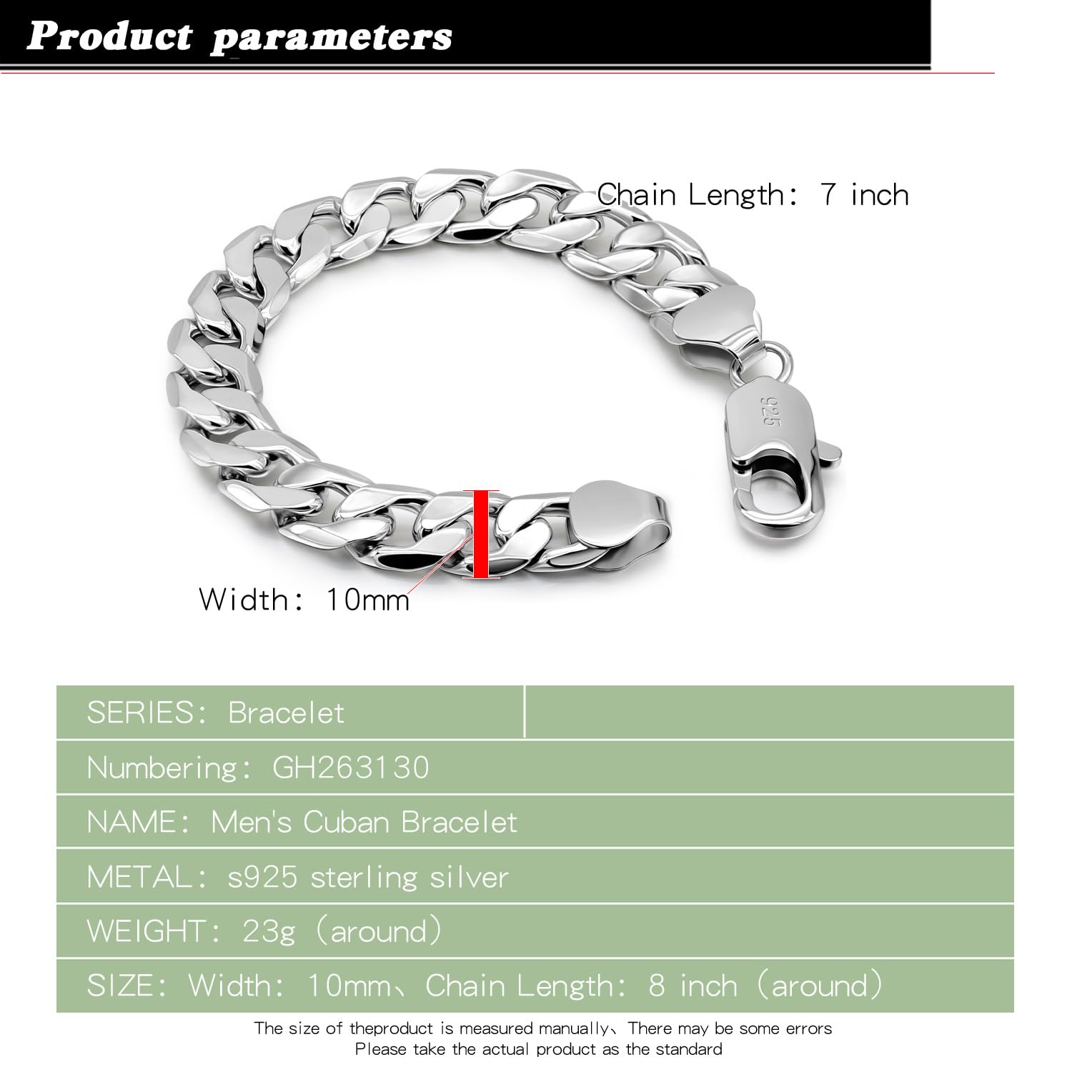 Dankadi - Pulsera cubana maciza, 10 mm, 12 mm, plata 925, para hombre, de 7 a 10 pulgadas, cadena de malla grande, con cierre de dragón, eslabón dorado, punk Hip Pop Miami