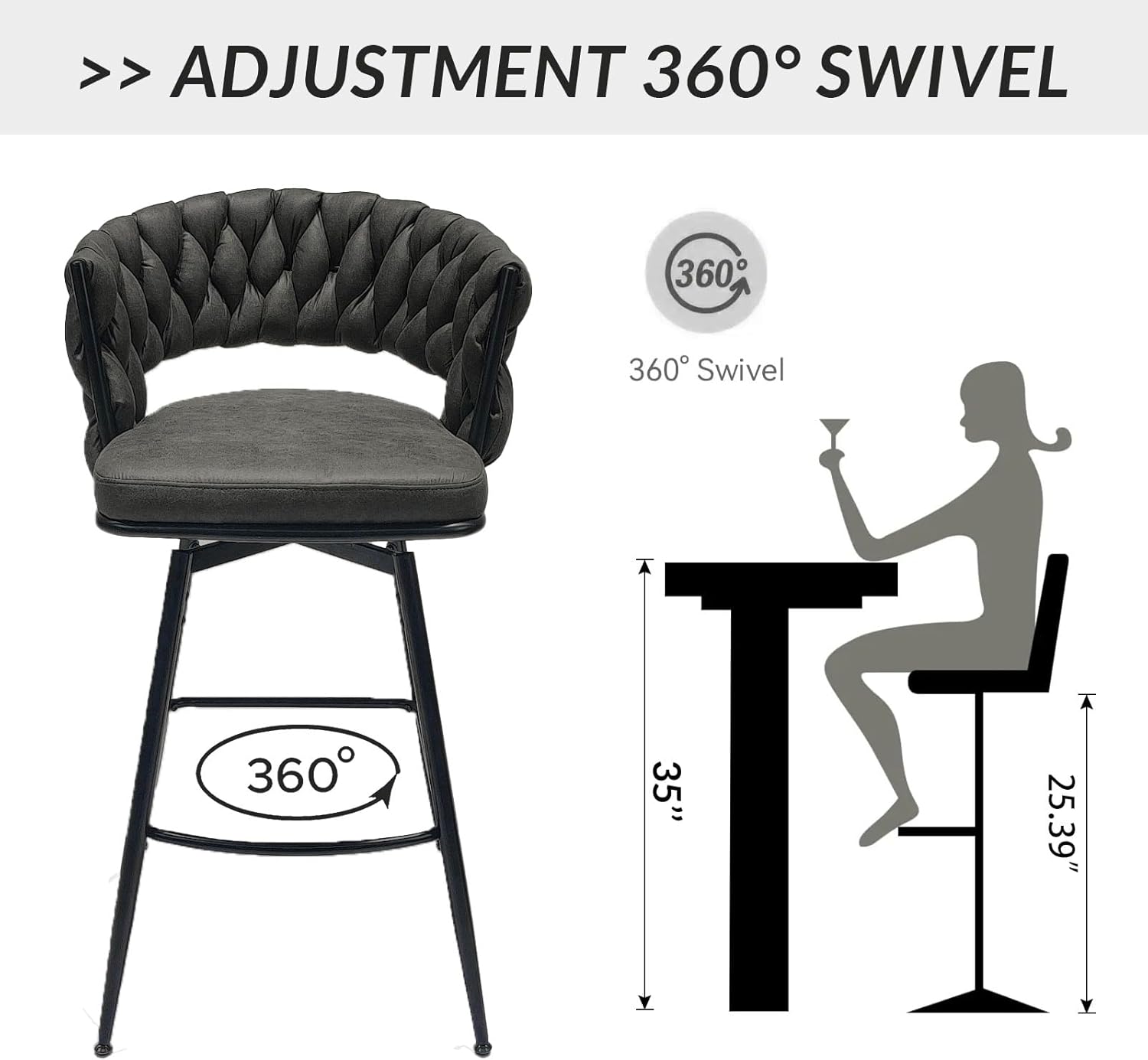 Swivel Bar Stools Set of 2, Modern 360° Swivel Bar Stools, 25 inch Modern Bar Chairs with Woven Back & Footrest, Counter Height Bar Stools for Kitchen Island, Cafe, Bar, Wet Counter
