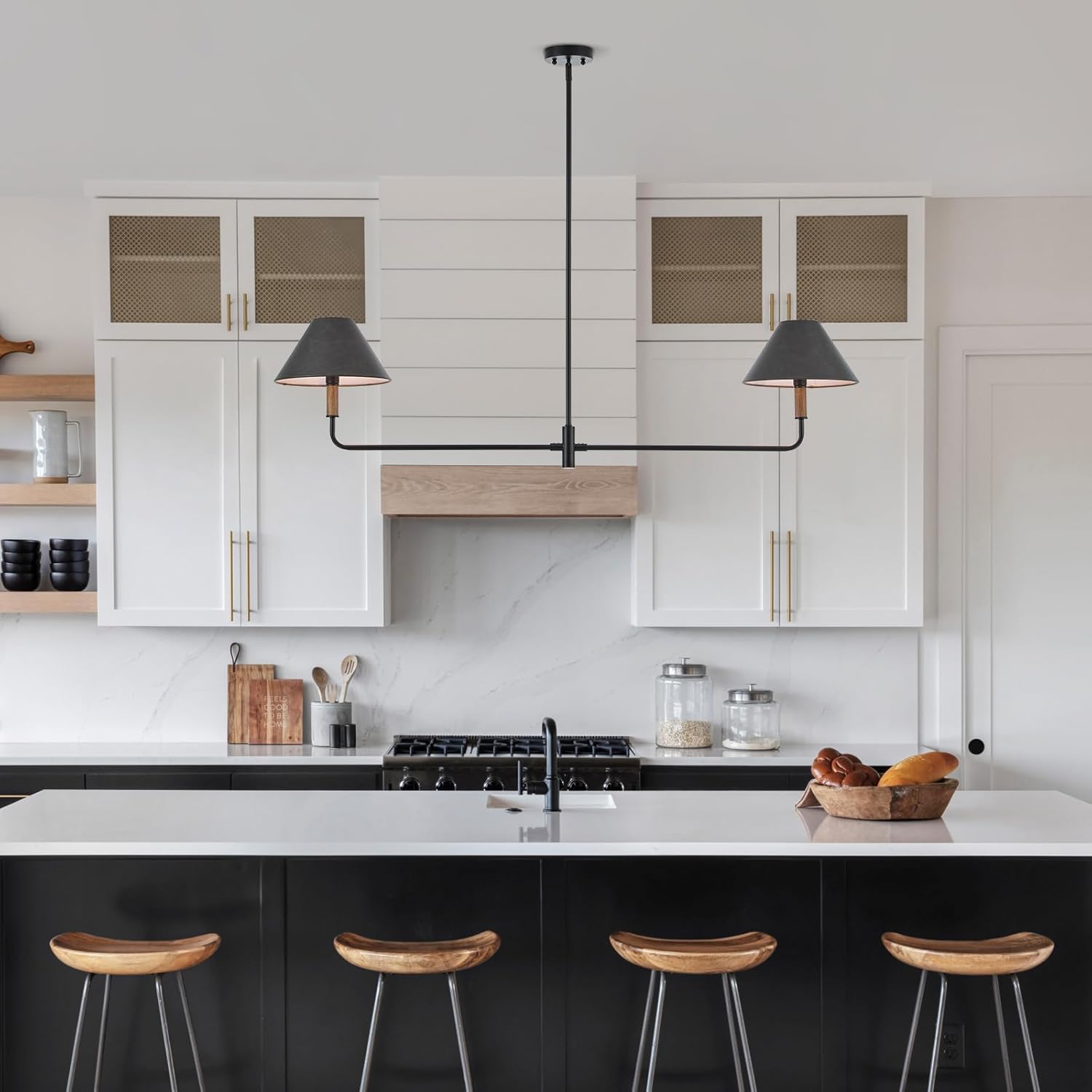 Modern Black Linear Chandelier, 2-Light Kitchen Island Light Fixture with Leather lampshades, Rustic Pendant Light for Dining Room Bedroom Entryway