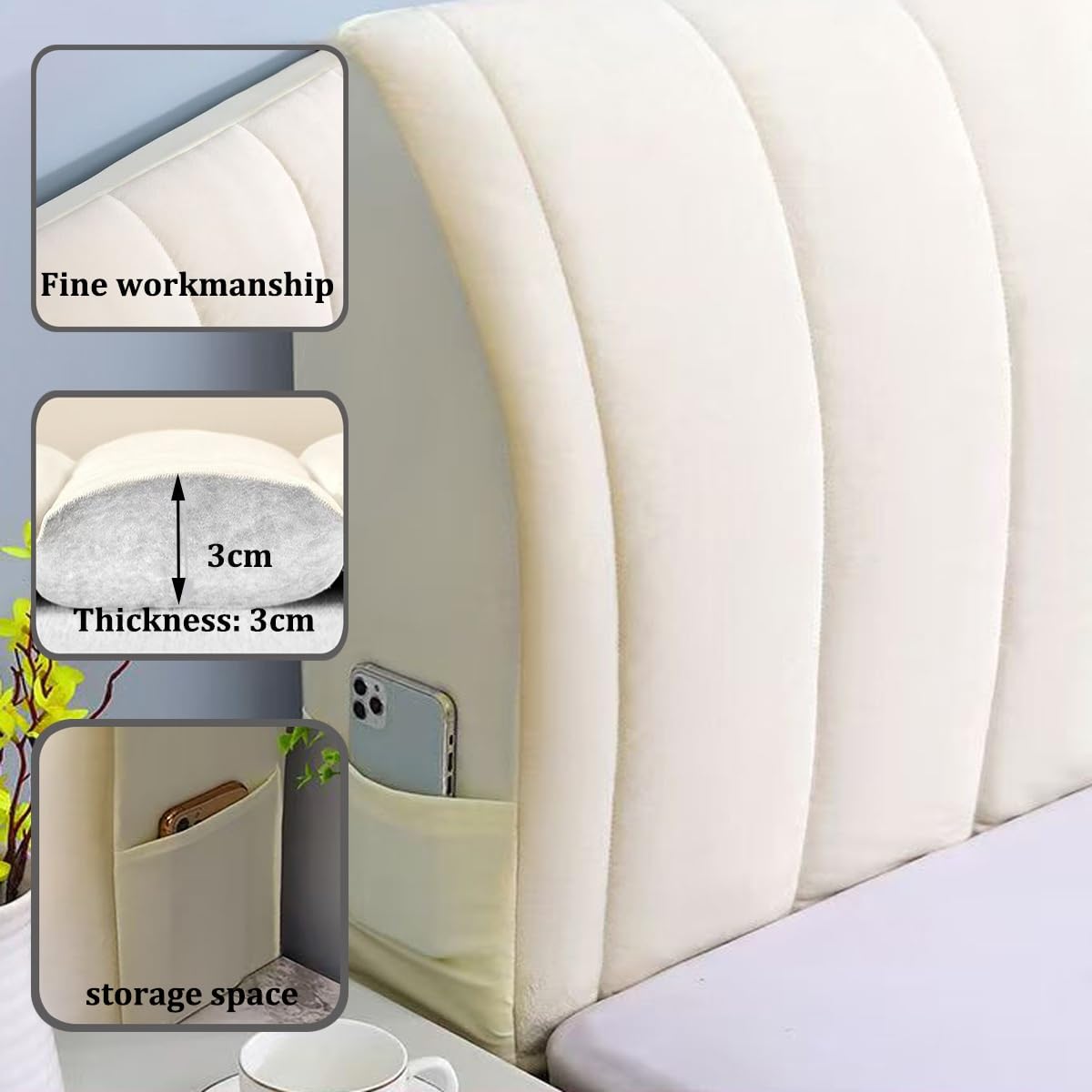 Housse Tête De Lit 120/150/160/200, Couverture De Tête De Lit,Velours Tissu Extensible Matelassé Épaissir,Anti-poussière Lavable Housse De Protection(Beige,200x70cm)