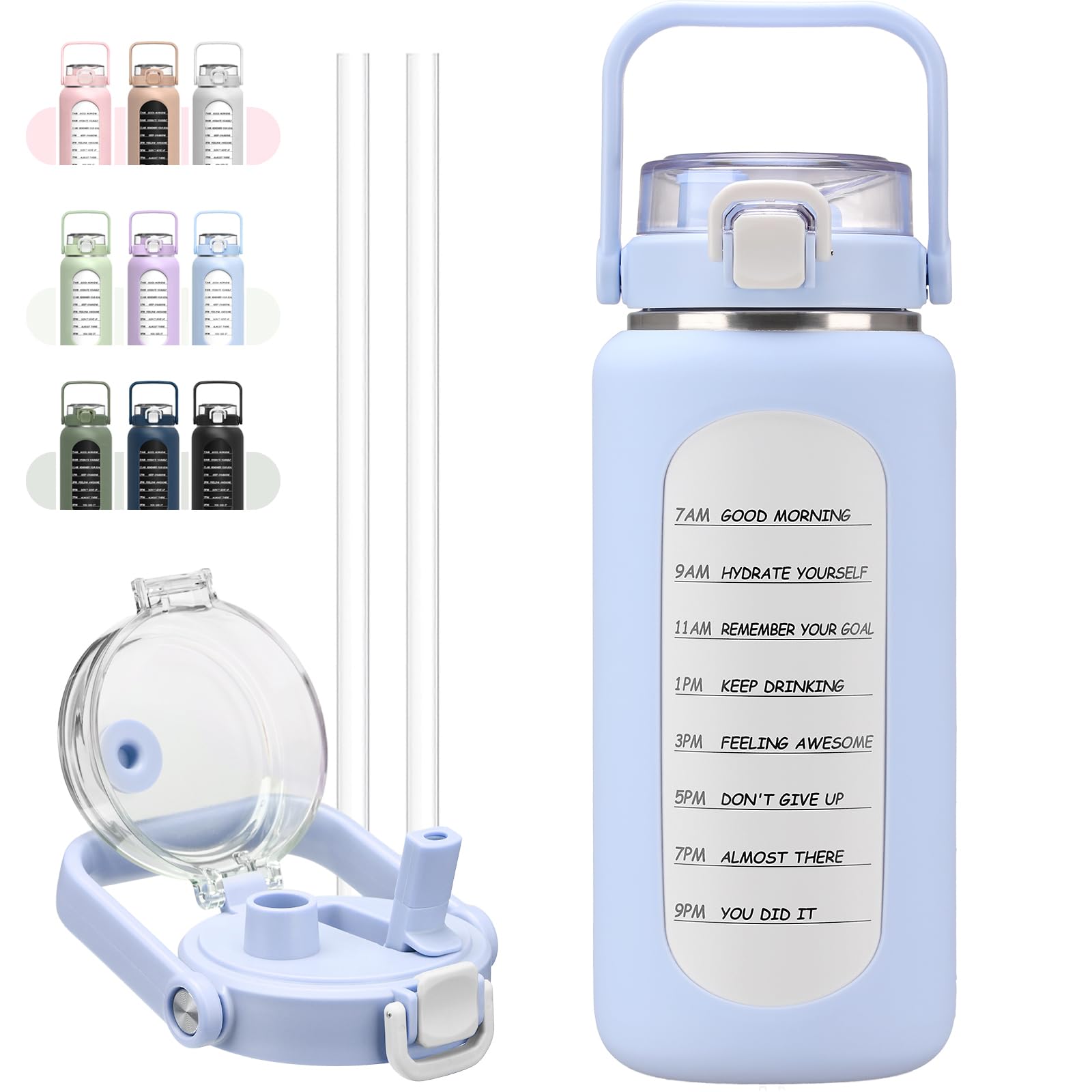 BLUEGO 64oz Insulated Water Bottle with Straw and Handle Leakproof Half Gallon Wide Mouth Vacuum Flask, 2-IN-1 Straw Spout Lid 1.9L Stainless Steel Water Jug for Sport Travel Gym, Light Blue