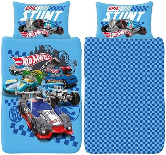 Hot Wheels Single Duvet Cover - Epic Stunt Design - Official Reversible Bedding Set with Pillowcase - Polycotton - Ideal For Car Mad Kids