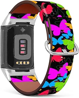Mingdao Compatible with Fitbit Charge 5 , Patterned Leather Replacement Band , (Colorful Butterflies Pattern-Wb01)