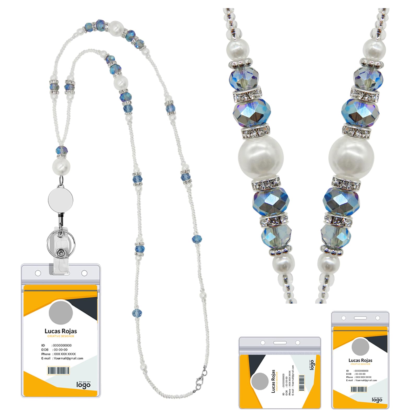 Catena porta badge per dipendenti con cristalli e perle, Lanyard con titolare del badge