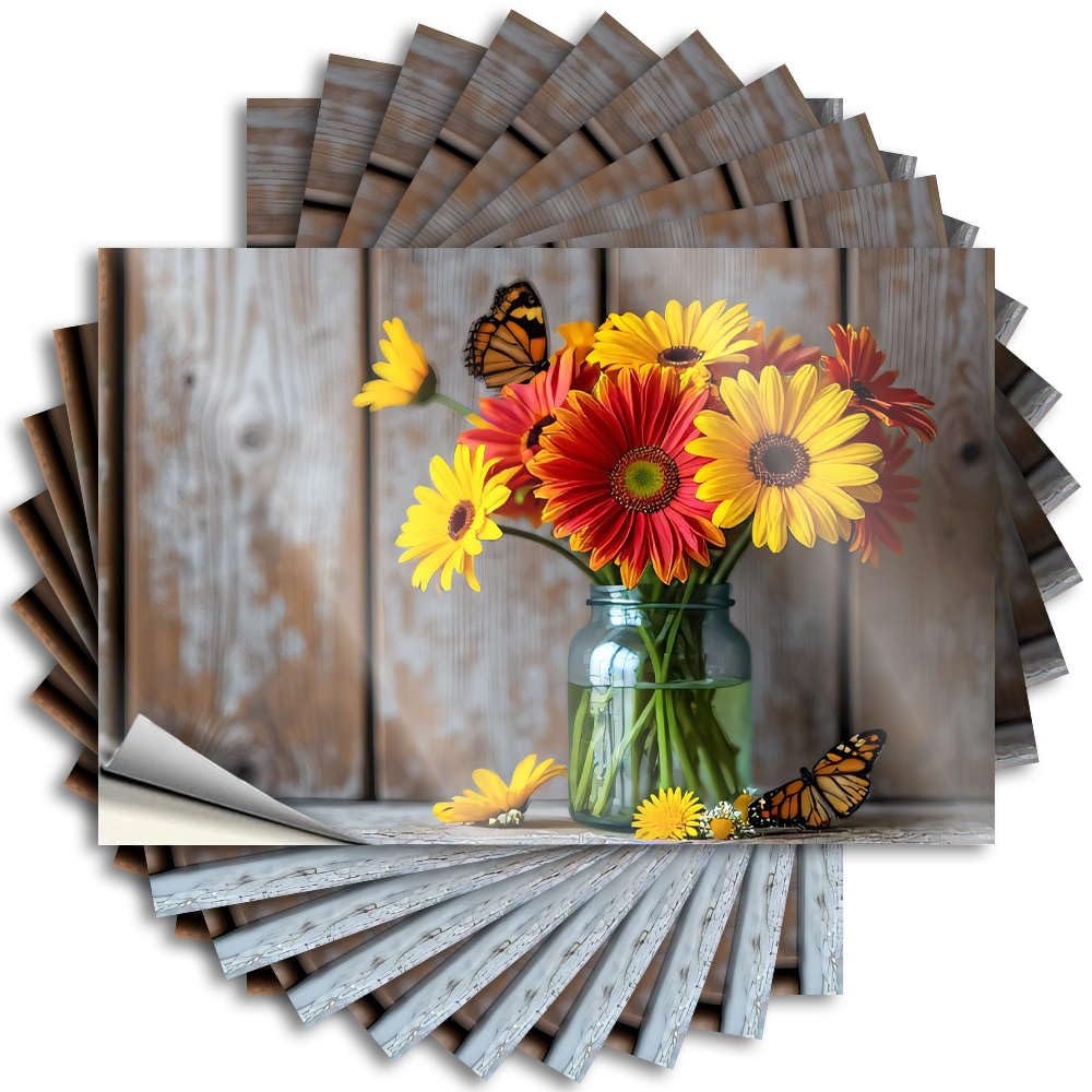 Fzfn Colour Flowers In A Glass Vase With Butterflies. Bottle Coastal - Country Room Decor Tattoos Self Adhesive Sticker(8X12cm)