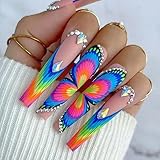 DOCVOEOMH Square Press on Nails Long Rainbow Butterfly Fake Nails with Rhinestones Design Full Cover French Acrylic False Stick Glue on Nails for Women and Girls 24PCS