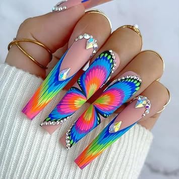 Square Press on Nails Long Rainbow Butterfly Fake Nails with Rhinestones Design Full Cover French Acrylic False Stick Glue on Nails for Women and Girls 24PCS