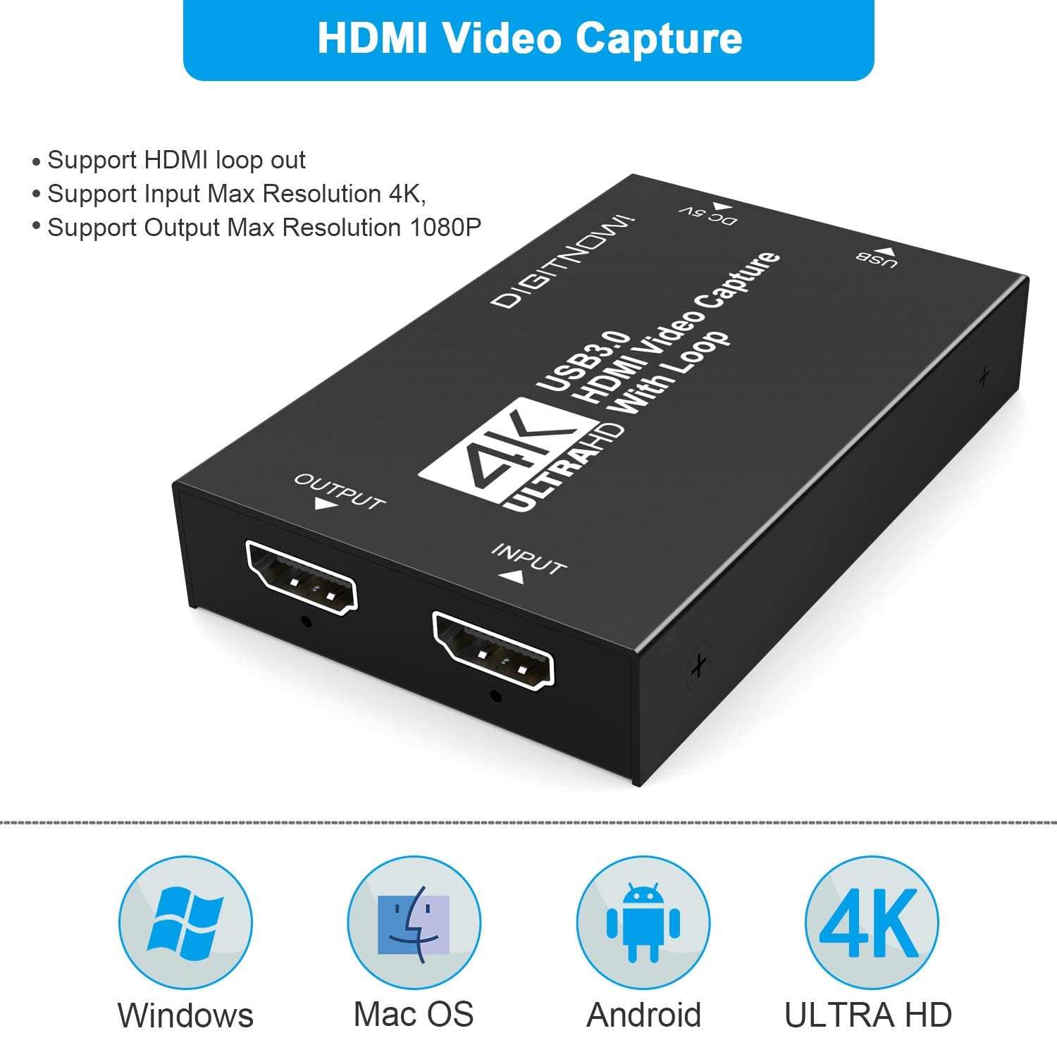 DIGITNOW!Carte de Capture HDMI 4k,Capture 1080p60, Enregistrement Audio Vidéo Grabber Numériseur Full HD 1080P pour PS5, PS4, Xbox Series X/S, Xbox One, Nintendo Switch