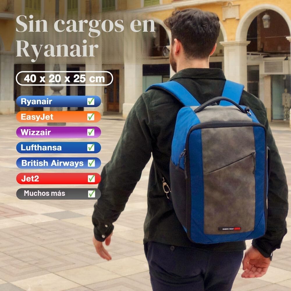 Cabin Max Mochila Viaje Cabina Avion 40x20x25, Mochilas, Mochila Cabina, Mochilas Viaje Avion, 20L Para Equipaje Mano Ryanair - Compatibilidad Multiaerolínea - Easyjet, Wizz Air, Vueling, Volotea