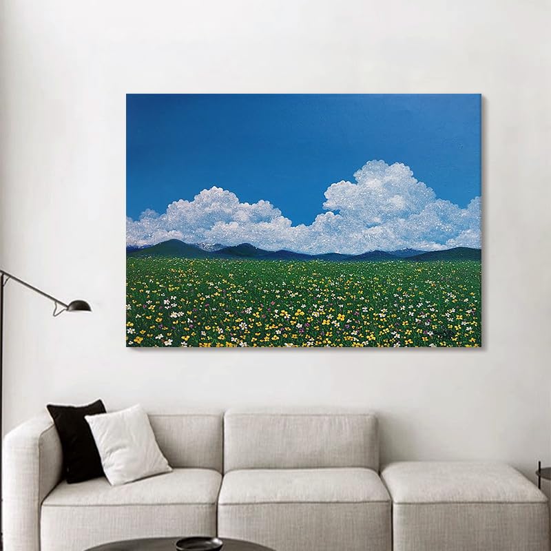 Tableau abstrait moderne peint à la main : art mural original prairie fleurie sur toile