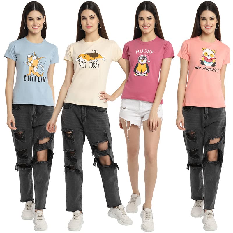Image of Preneum Women's Cotton Regular Fit Graphic Stylish Printed Short Sleeves Casual T-Shirt |Trend & Styles