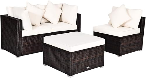 Miniatura 12 de Tangkula Juego de muebles de patio de 4 piezas, juego de sofá modular de ratán para todo tipo de clima, con cojines y almohadas extraíbles, juego de