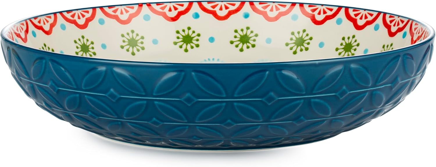 Signature Housewares Morocco 36 OZ Shallow Dinner Bowls/Deep Plates Perfect for Spaghetti and Salads - Set of 4 - Large Ceramic Bowls - Colorful Handpainted Pasta Bowls -