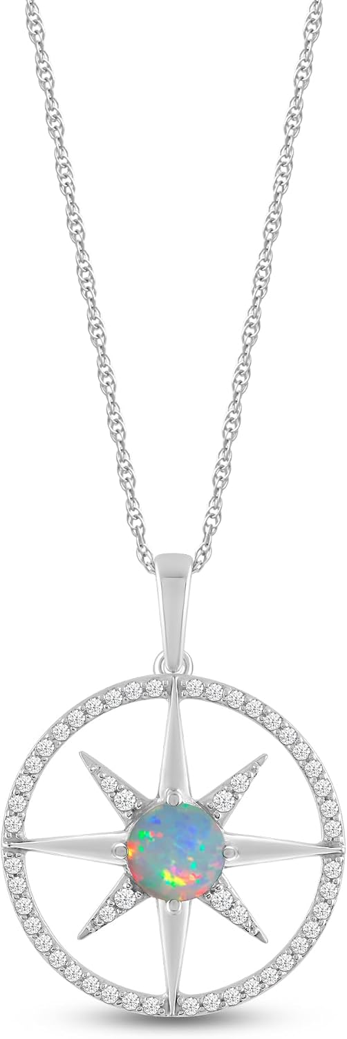 Jewelili Sterling Silver North Star Birthstone Pendant Necklace for Women | Round Cut Birthstone with Created White Sapphire Gemstones | 18" Rope Chain | Luxury Jewelry| Gift Box Included