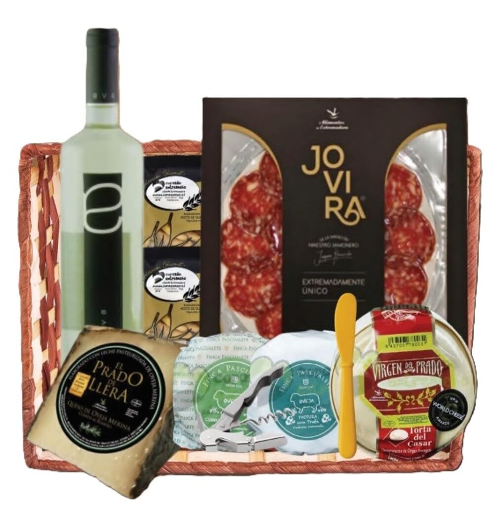 Cesta Lote Pack Aperitivo Empresas Vino Blanco Dulce Eva Queso de Oveja Curado al romero Queso Pastura con Trufa Queso de Oveja Cumbre Queso Torta del Casar Picos de Pan - CORAZON EXTREMEÑO
