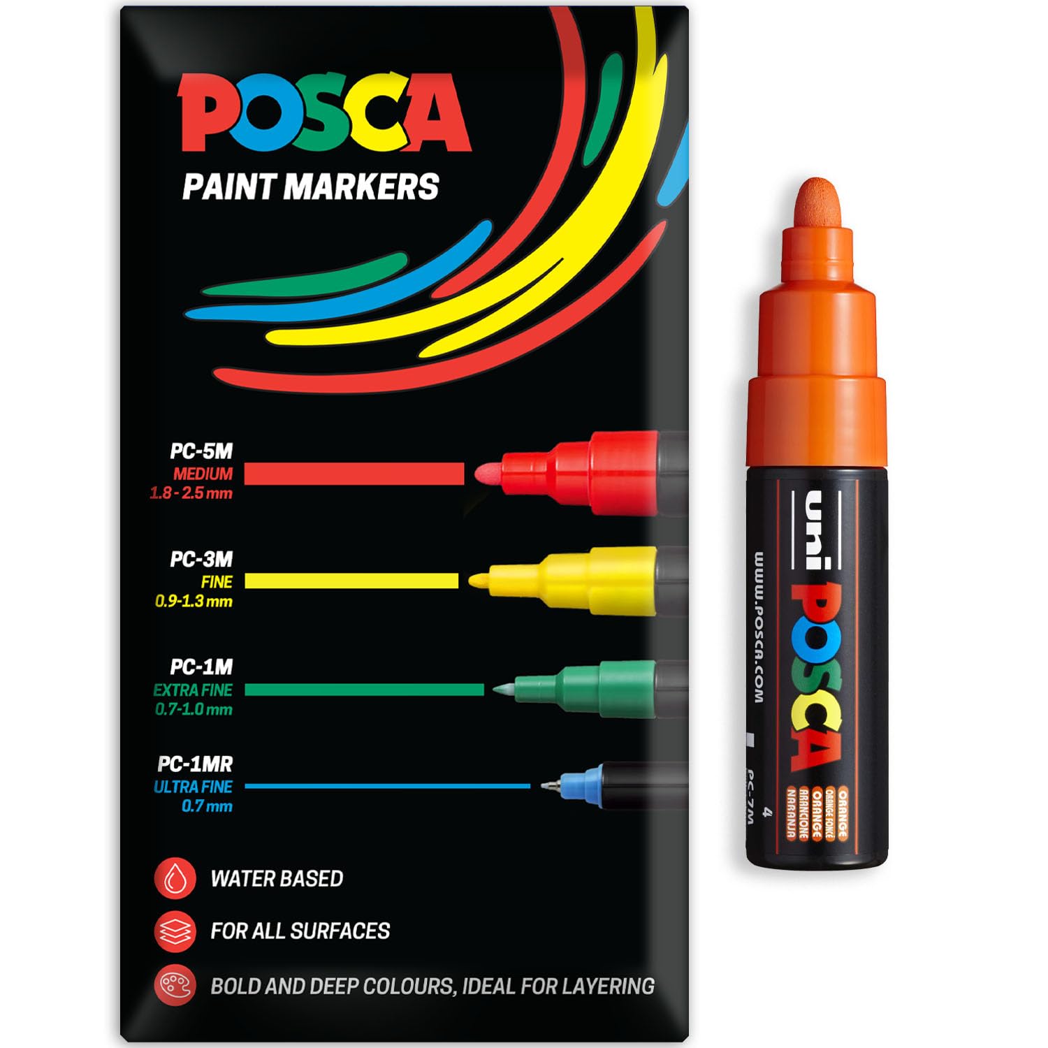 Posca Water Based Acrylic Paint Marker Pens | Multi Surface Use Permanent Paint Pen | Pack of 1 in Envelope Gift Packaging | Glass, Fabric, Canvas, Wood etc | PC-7M, Orange
