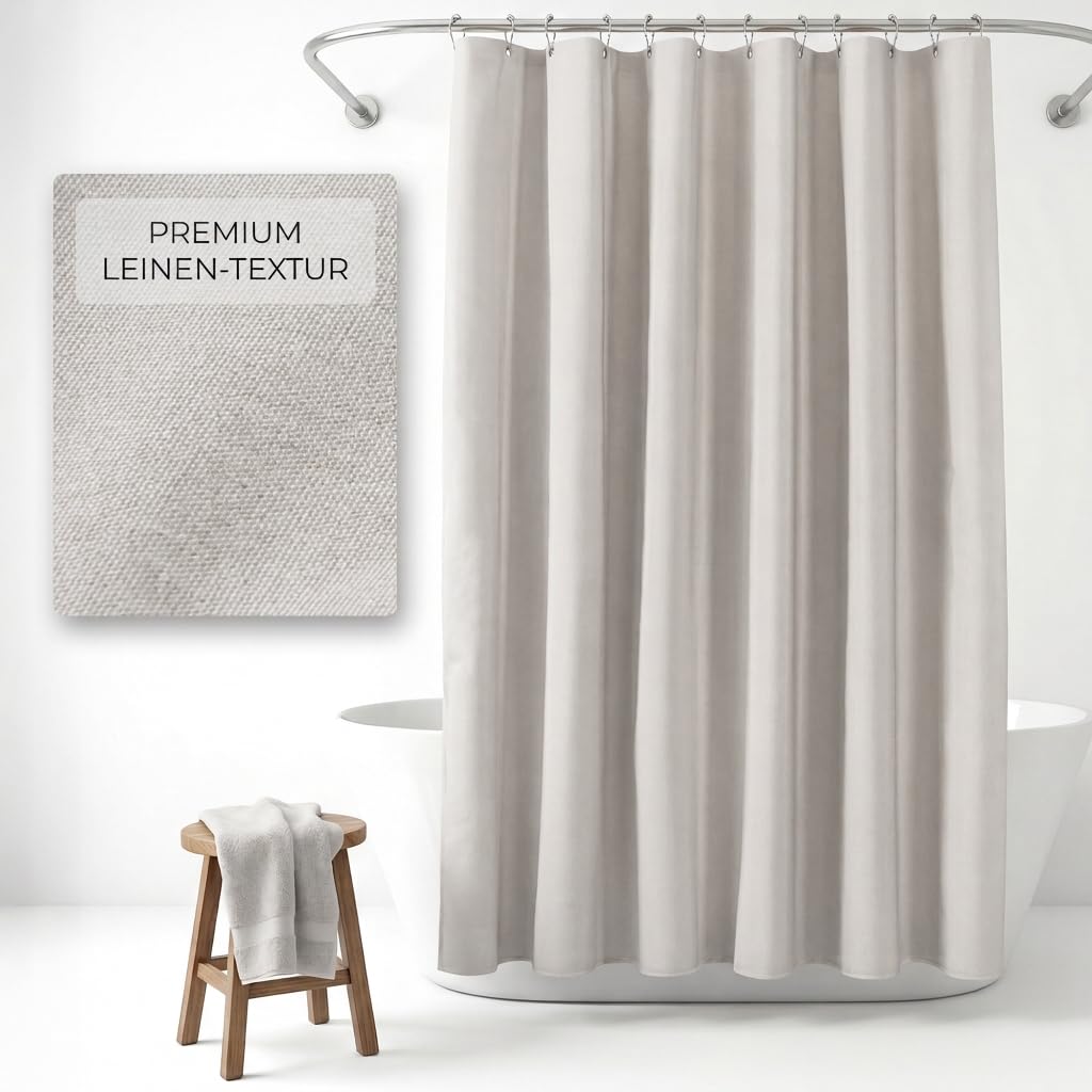 Duschvorhang 180x200cm Grau – 230 GSM Leinen Wasserdicht Waschbar | 230 GSM Stoff – kein Kleben am Körper, 100% wasserdicht, 12 Metallösen mit Kugellager, maschinenwaschbar