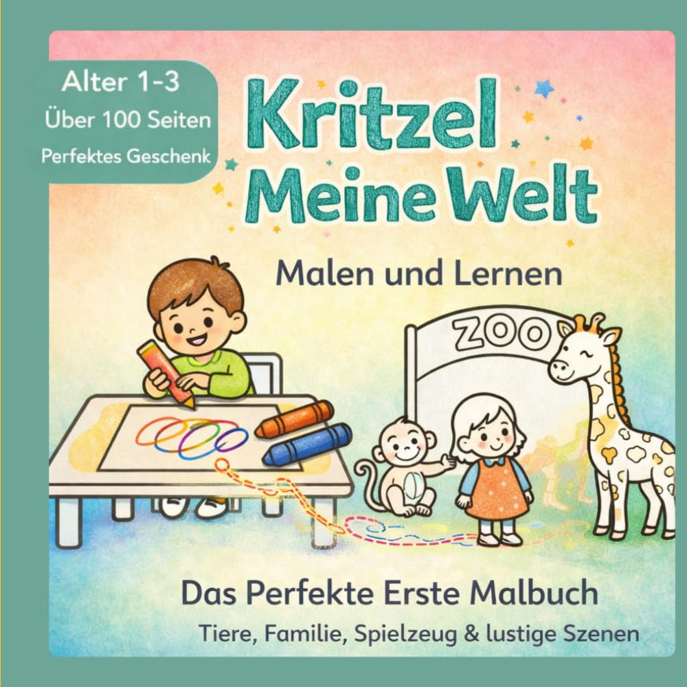 Kritzel Meine Welt: Mein erstes Malbuch für Kleinkinder ab 1 Jahr: 100 große und einfache Ausmalbilder mit Tieren, Familie, Essen, Spielzeug und ... und Lernen | Dicke Linien für kleine Hände