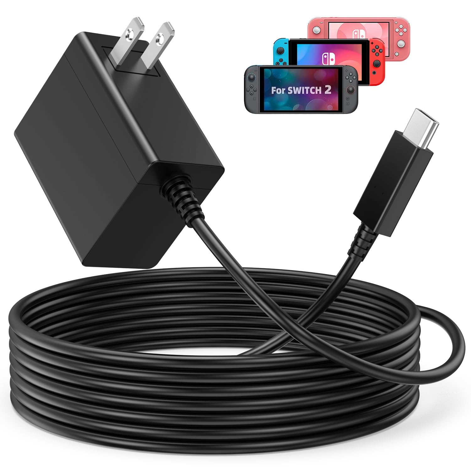 Switch 2 Charger - 60W AC Adapter for Nitendo 2(2025) with 6.6FT Long Cable, Support 4K TV Dock, PD 3.0 Fast Charging Power Supply 20V/3A Accessories [Official Switch 2 Charger Replacement]