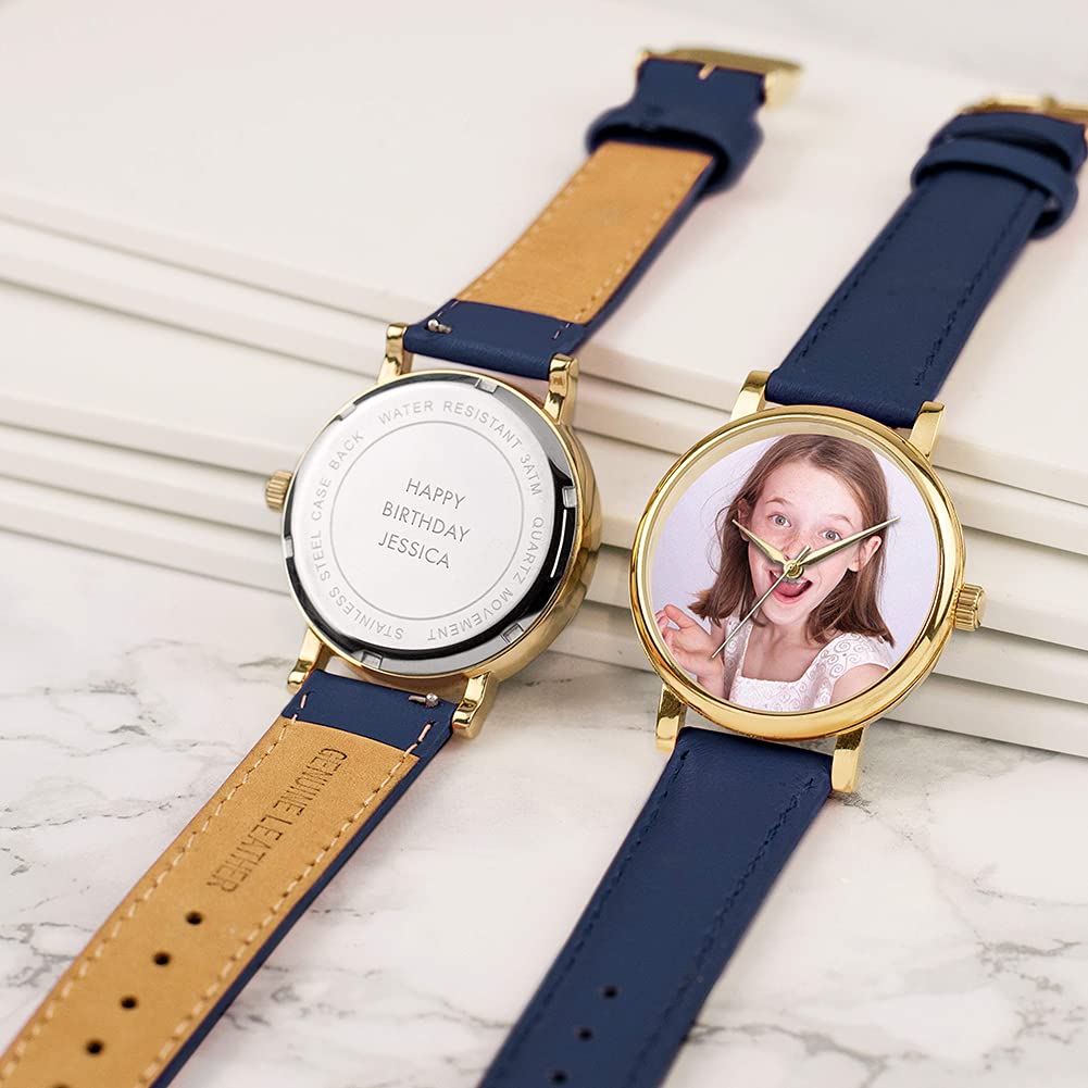 Regalos fotográficos Personalizados para Mujer, Pantalla analógica, Reloj con Movimiento de Cuarzo japonés con Caja Dorada, Reloj Grabado a Medida