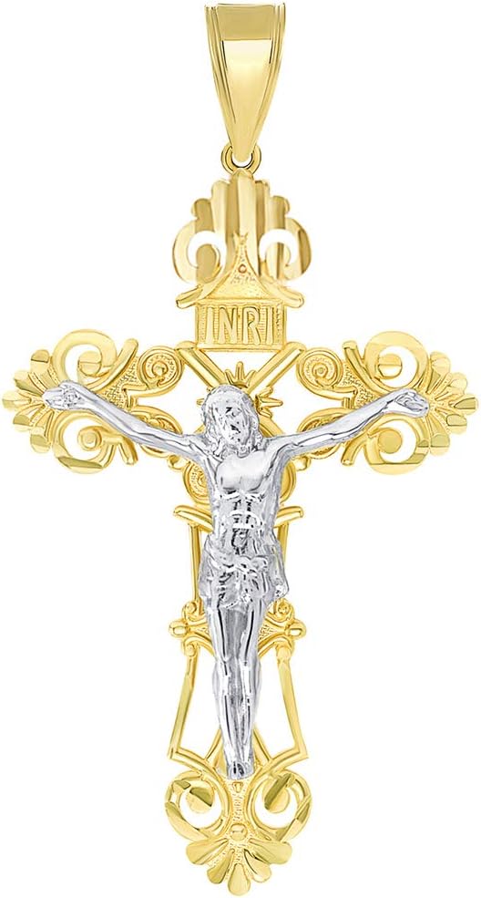 Solid 14K Two-Tone Gold Roman Catholic Cross with Jesus INRI Crucifix Pendant