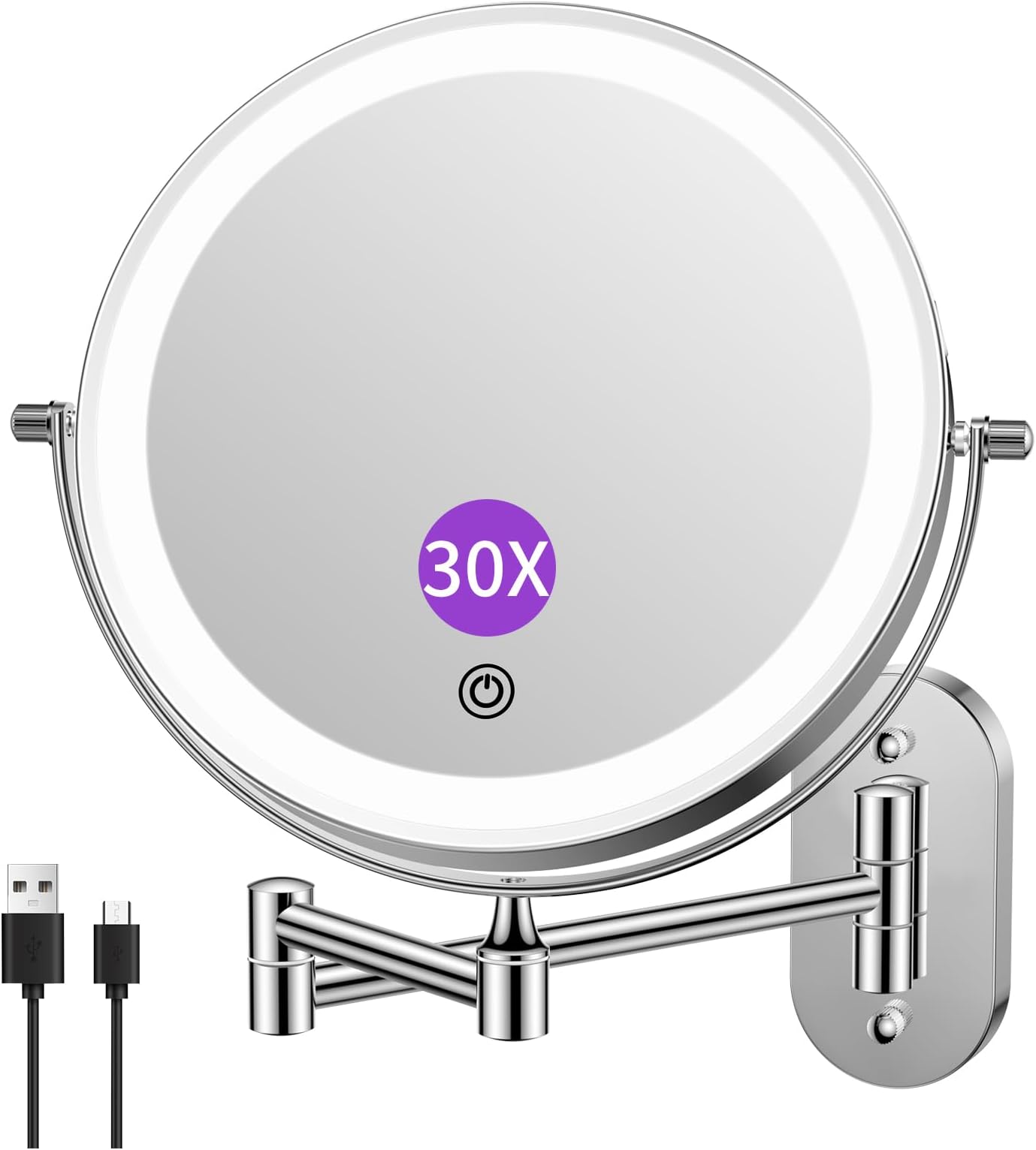 5000mAh Rechargeable Cosmetic Mirror with LED Lighting, 1X 30X Mirror Magnification, Dimmable Shaving Mirror 3 Colours, Touch Screen, 360° Rotatable, Makeup Mirror for Bathroom