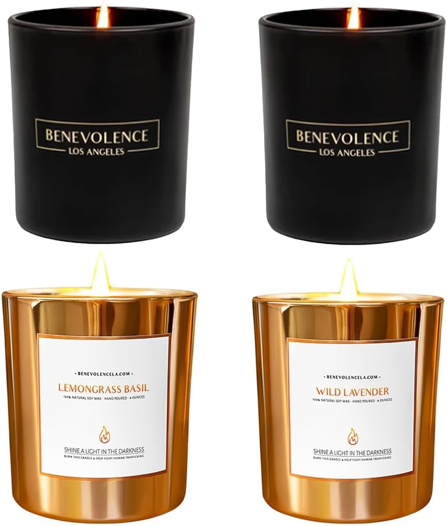 Benevolence LA Scented Candle Gift Set – 4-Pack Soy Candles with Wood Wicks – Rose & Sandalwood, Wild Lavender, Eucalyptus & Chamomile, Lemongrass & Basil – 8oz Each – Aromatherapy & Home Fragrance Benevolence LA Scented Candle Gift Set – 4-Pack Soy Candles with Wood Wicks – Rose & Sandalwood, Wild Lavender, Eucalyptus & Chamomile, Lemongrass & Basil – 8oz Each – Aromatherapy & Home Fragrance