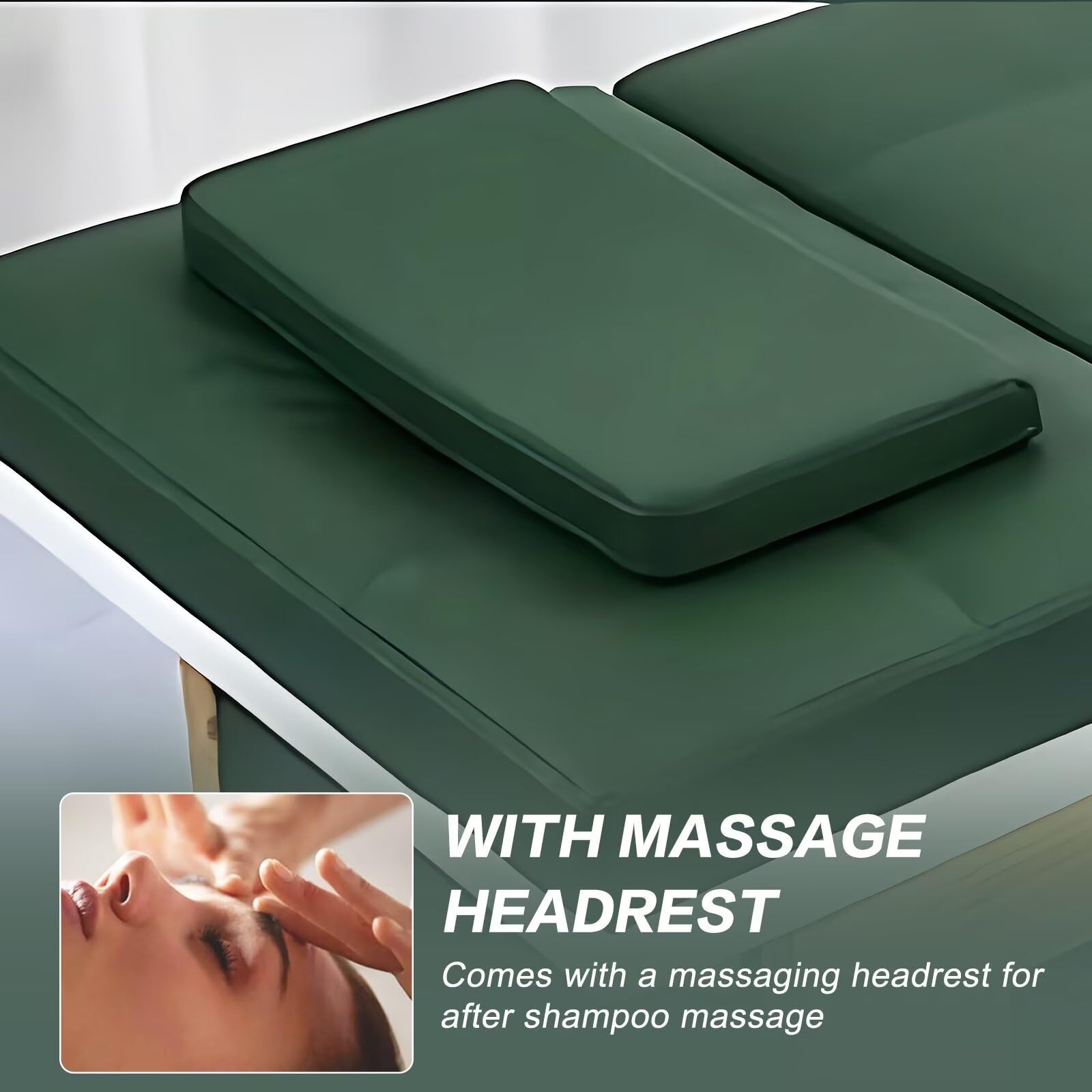 Professionelle Massage-Shampoo-Liege, Salon-Kopf-Spa-Ausstattung mit Massivholzrahmen, Gesichtsbehandlungsliege, Bequeme Kopfstütze, offener Stauraum, Wasserkreislauf und Begasung (grün)
