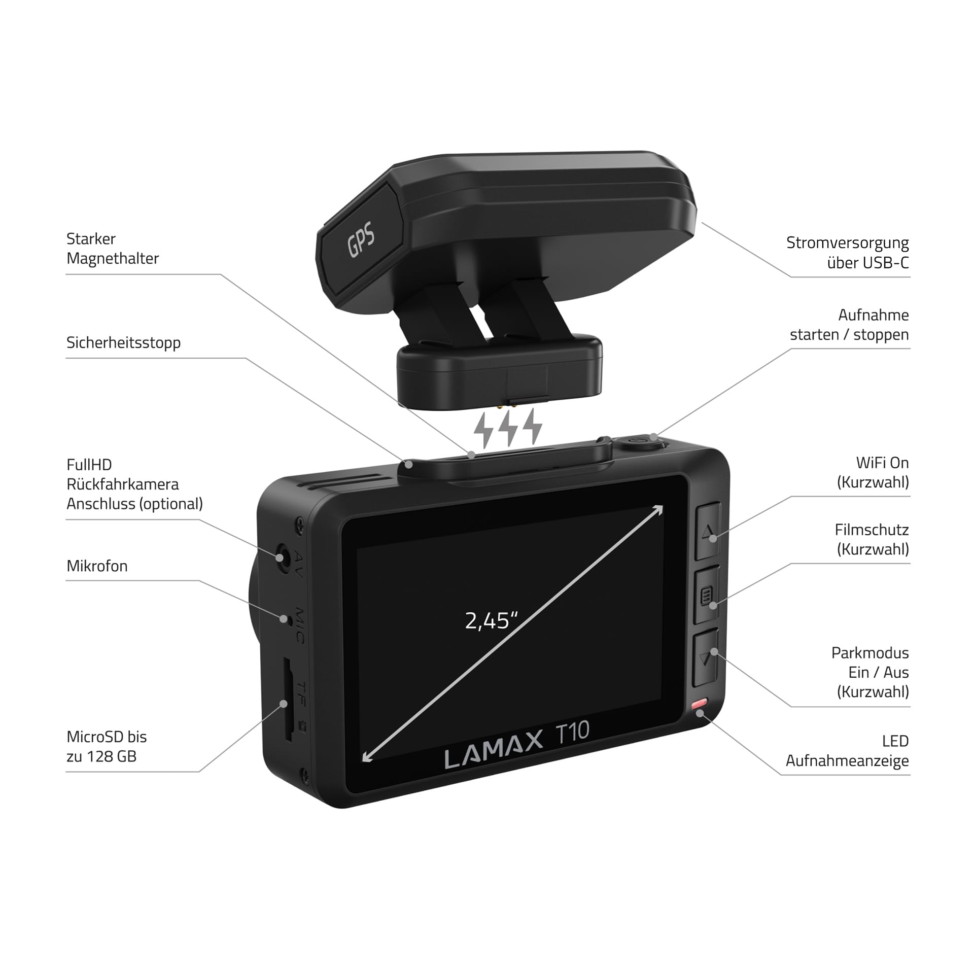 LAMAX T10 Dashcam 4K, GPS, 60 fps, Radarwarner für Auto (50 Länder), WiFi + Mobile App, 2,45“ Display, Auto Kamera mit 170° Weitwinkelobjektiv, Parküberwachung, G-Sensor, Magnethalterung