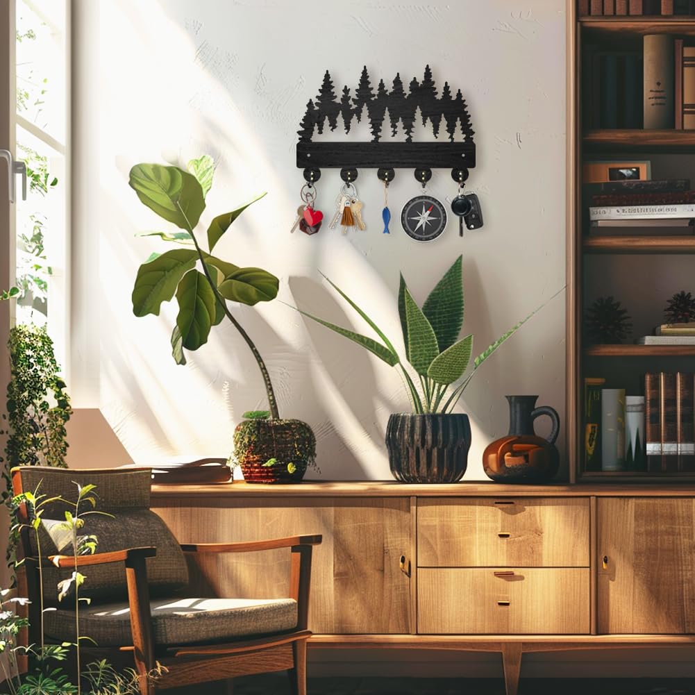 MAYJOYDIY Perchero de pared de 30 x 20 cm, madera densa, árbol de bosque, decoración de pared, soporte para llaves para pared, 5 ganchos de aleación, gancho negro, gancho de pared para sombrero,