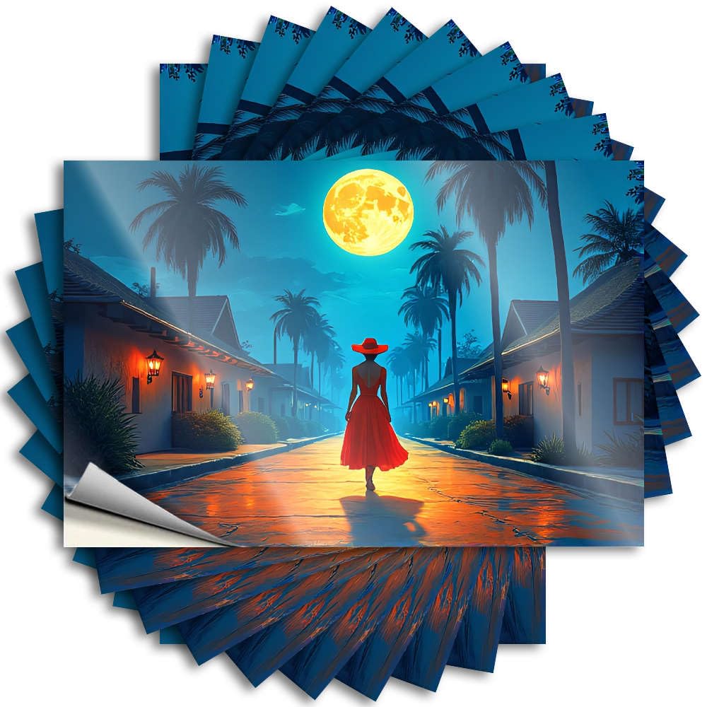 Tattoos Crazy Teenage Room Decor Bumper A Woman in A Red Dress Walks Under A Full Moon, Surrounded By Palm Trees. - No Residue Decals for Girls(12X18CM)